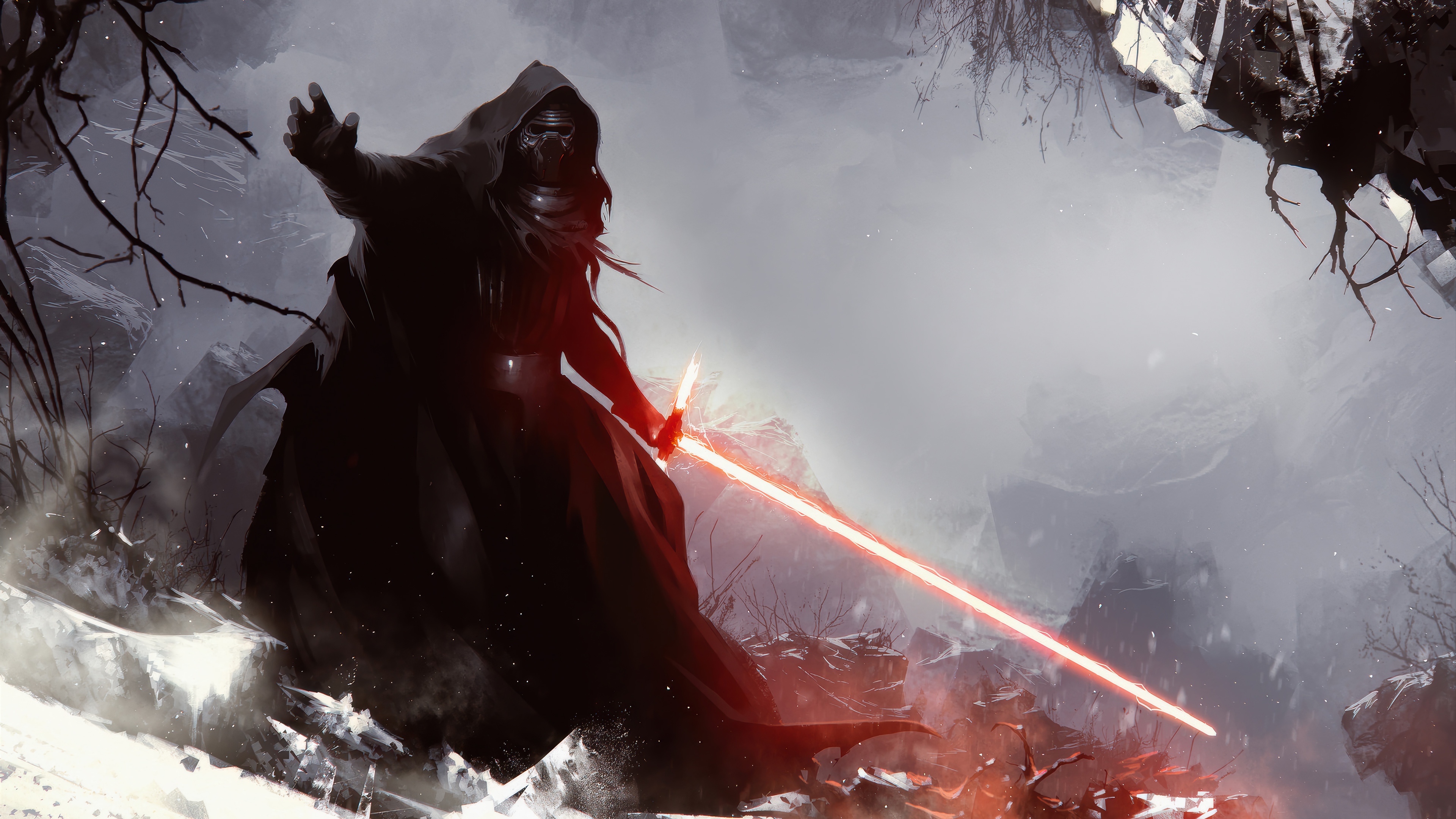 Kylo Ren with Red Lightsaber in Snowy Landscape 4K HD Wallpaper