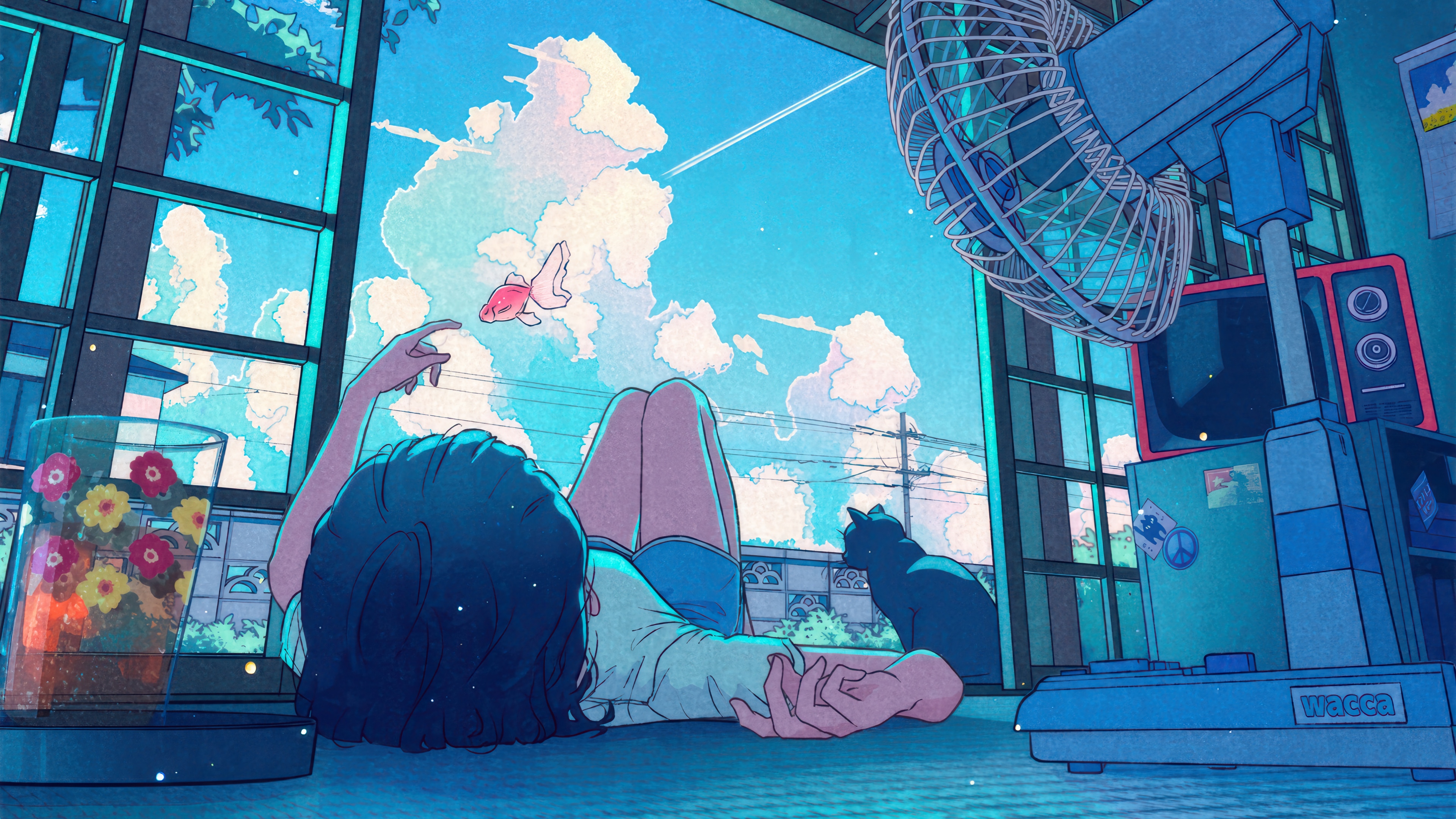 Anime Girl with Cat and Goldfish in Summer HD Wallpaper