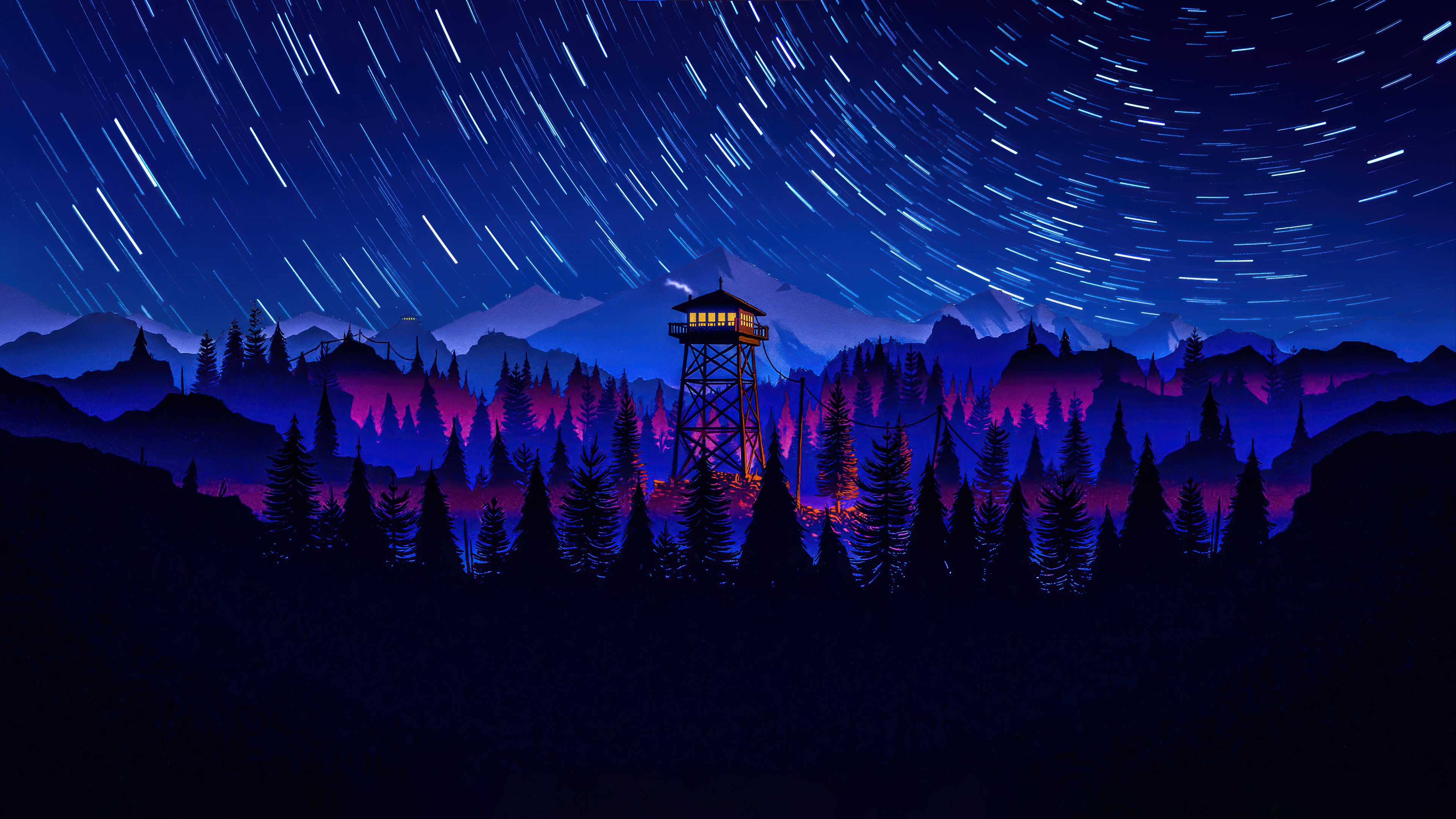Night forest with a firewatch tower and star trails HD Wallpaper
