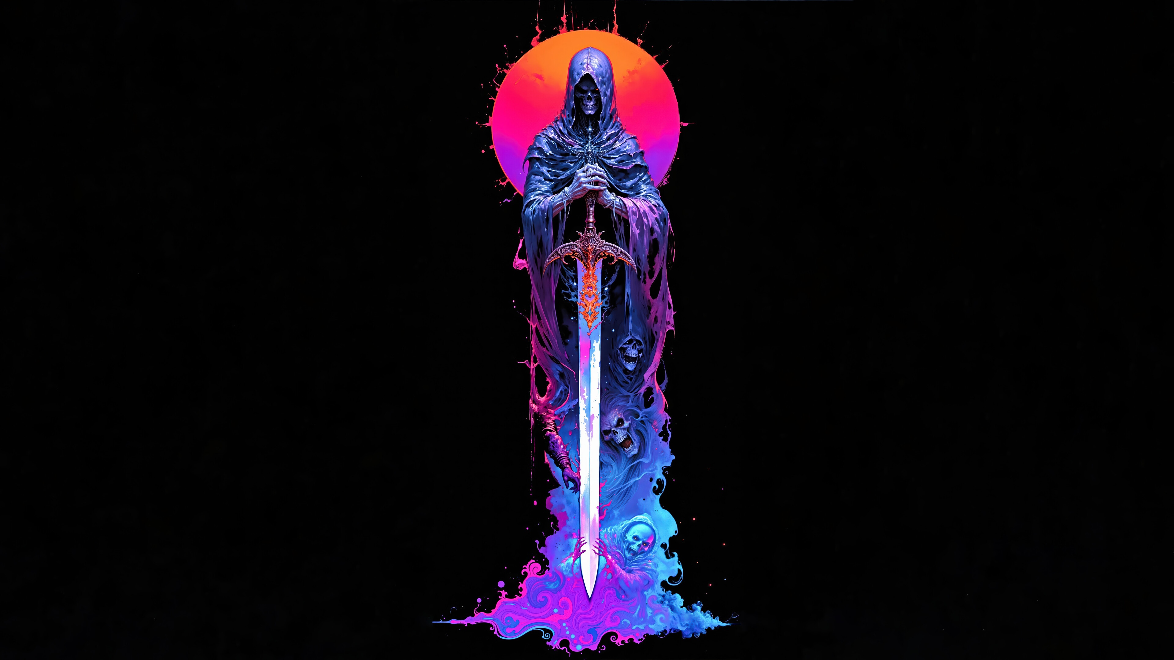 Grim Reaper with Sword and Orange Sun 4K HD Wallpaper