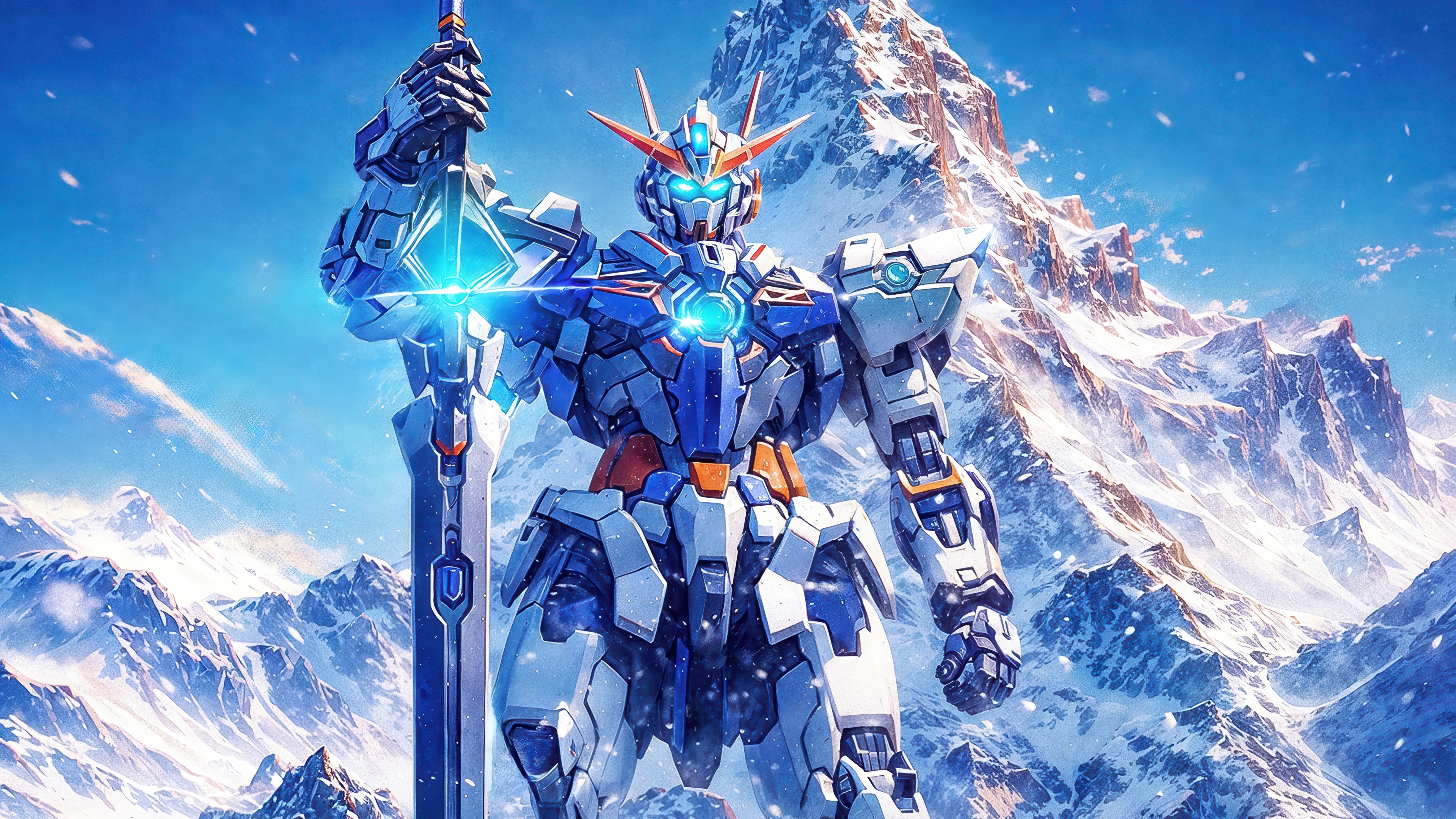 Gundam with Sword in Snowy Mountains 4K HD Wallpaper