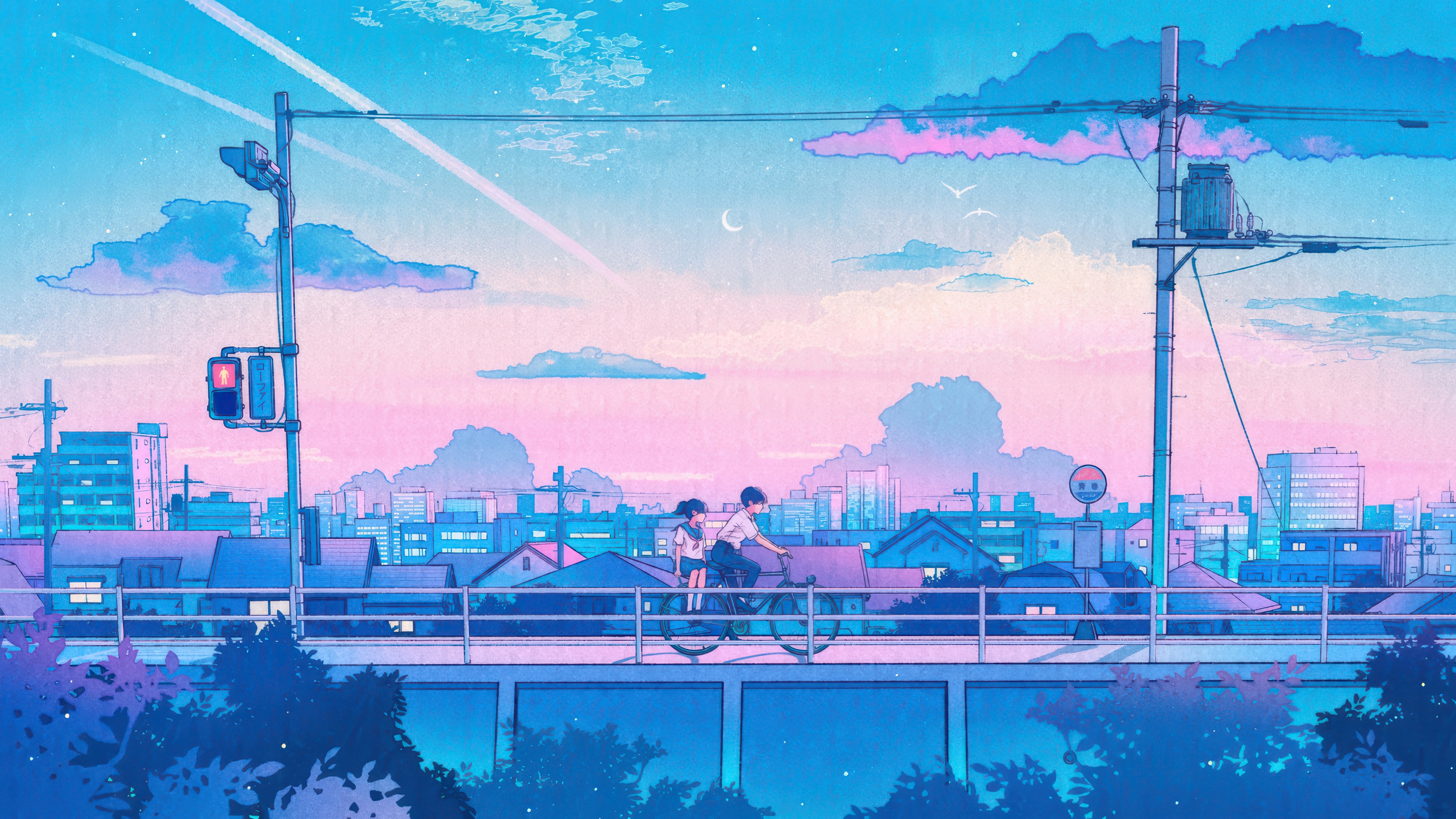 Students Riding Bicycle in City Scenery 4K HD Wallpaper
