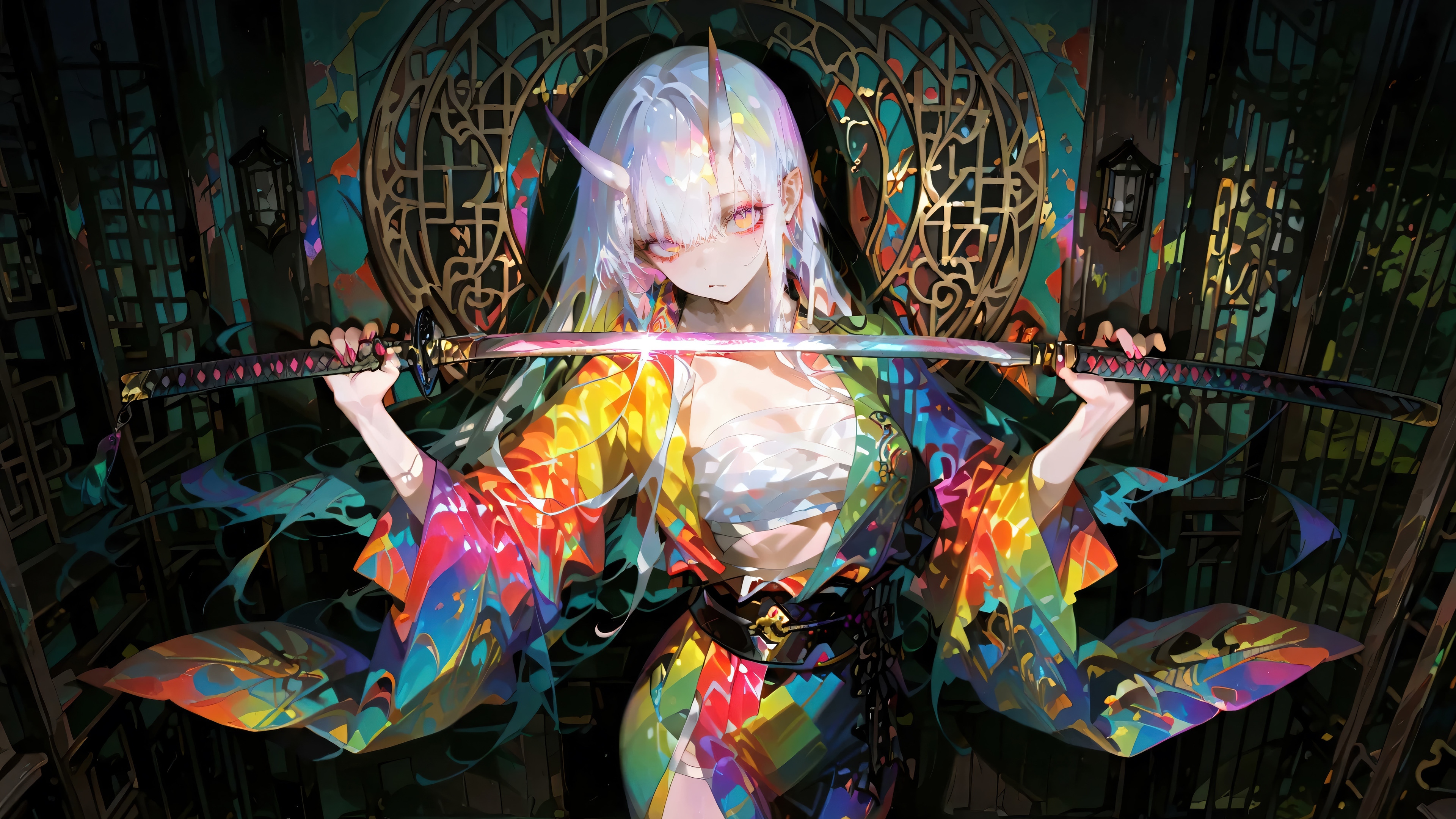 Anime Girl with Horns and Katana in Kimono 4K HD Wallpaper