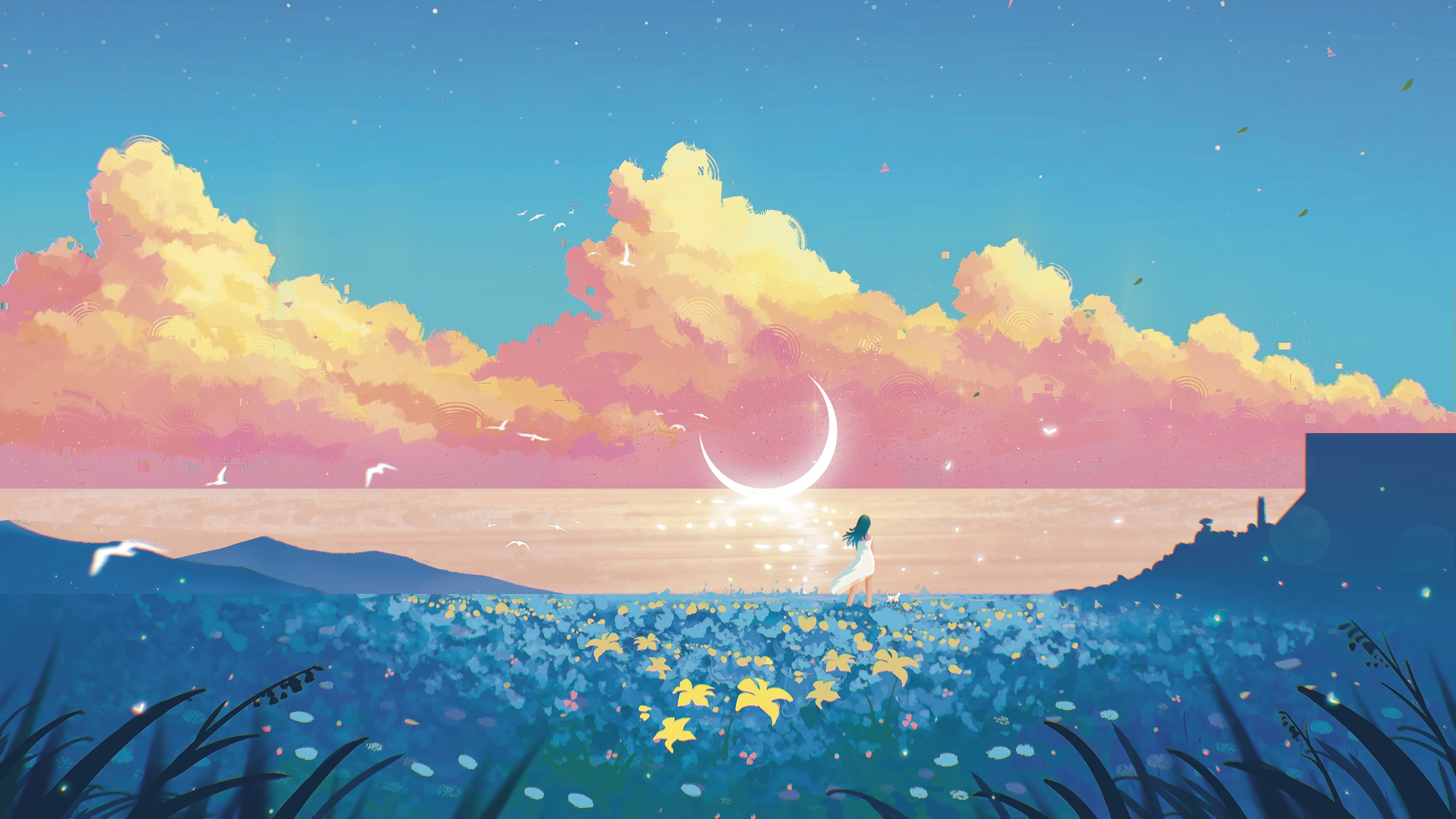 Girl in Flower Field Under Crescent Moon Sunset 4K HD Wallpaper