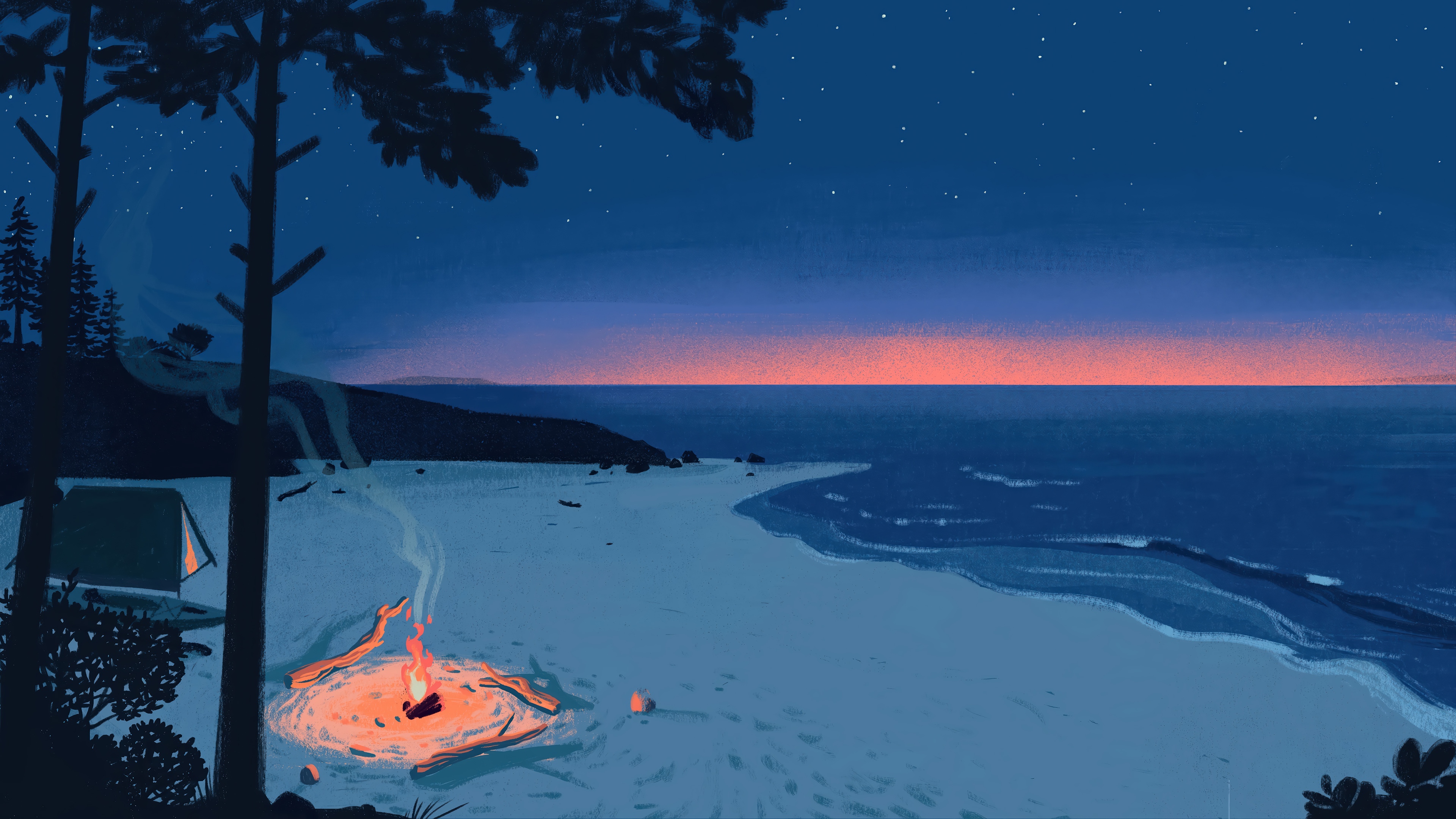 Beach campsite with campfire and tent at sunset 4K HD Wallpaper
