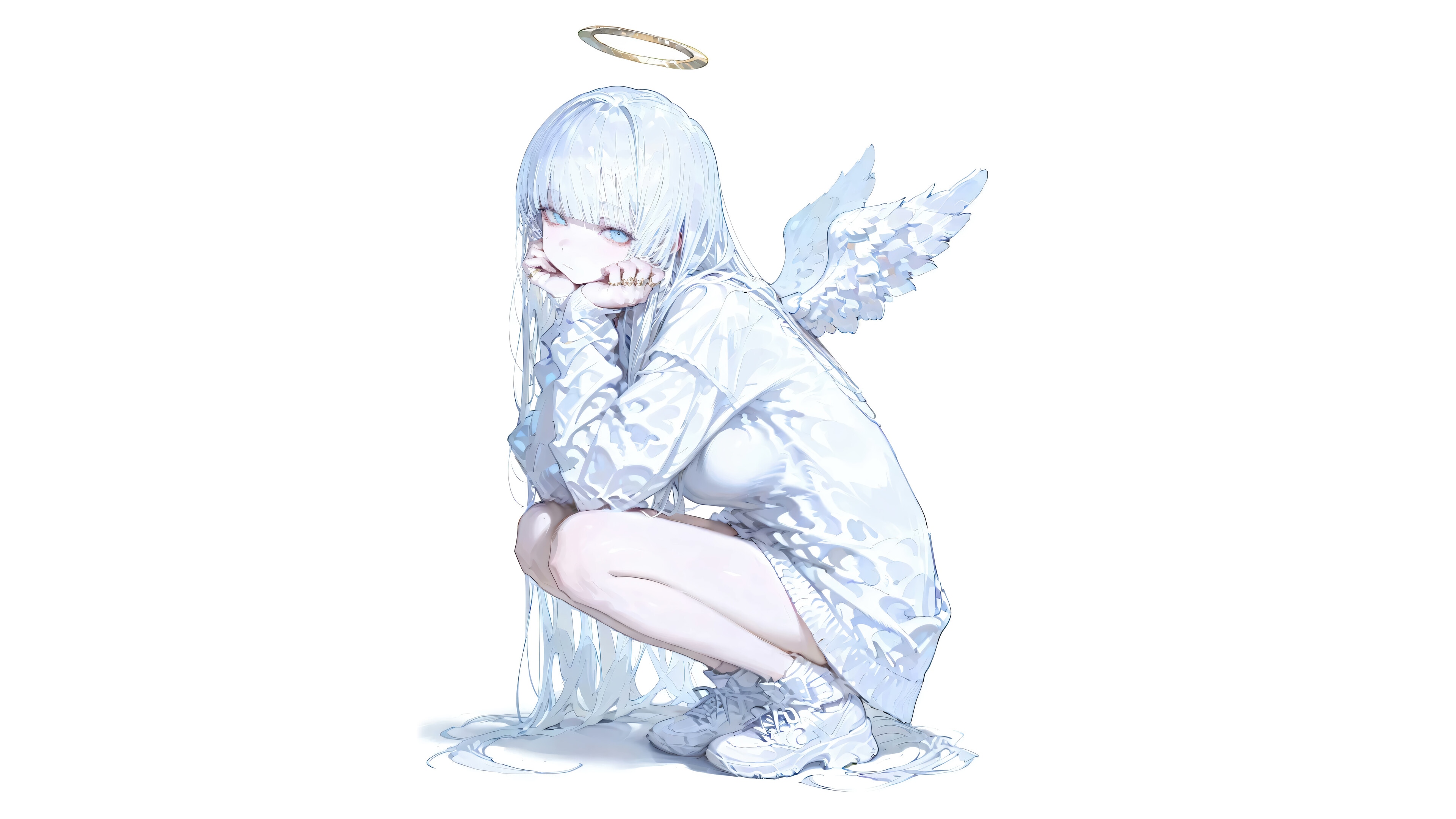 Anime Angel Girl with White Hair and Wings 4K HD Wallpaper