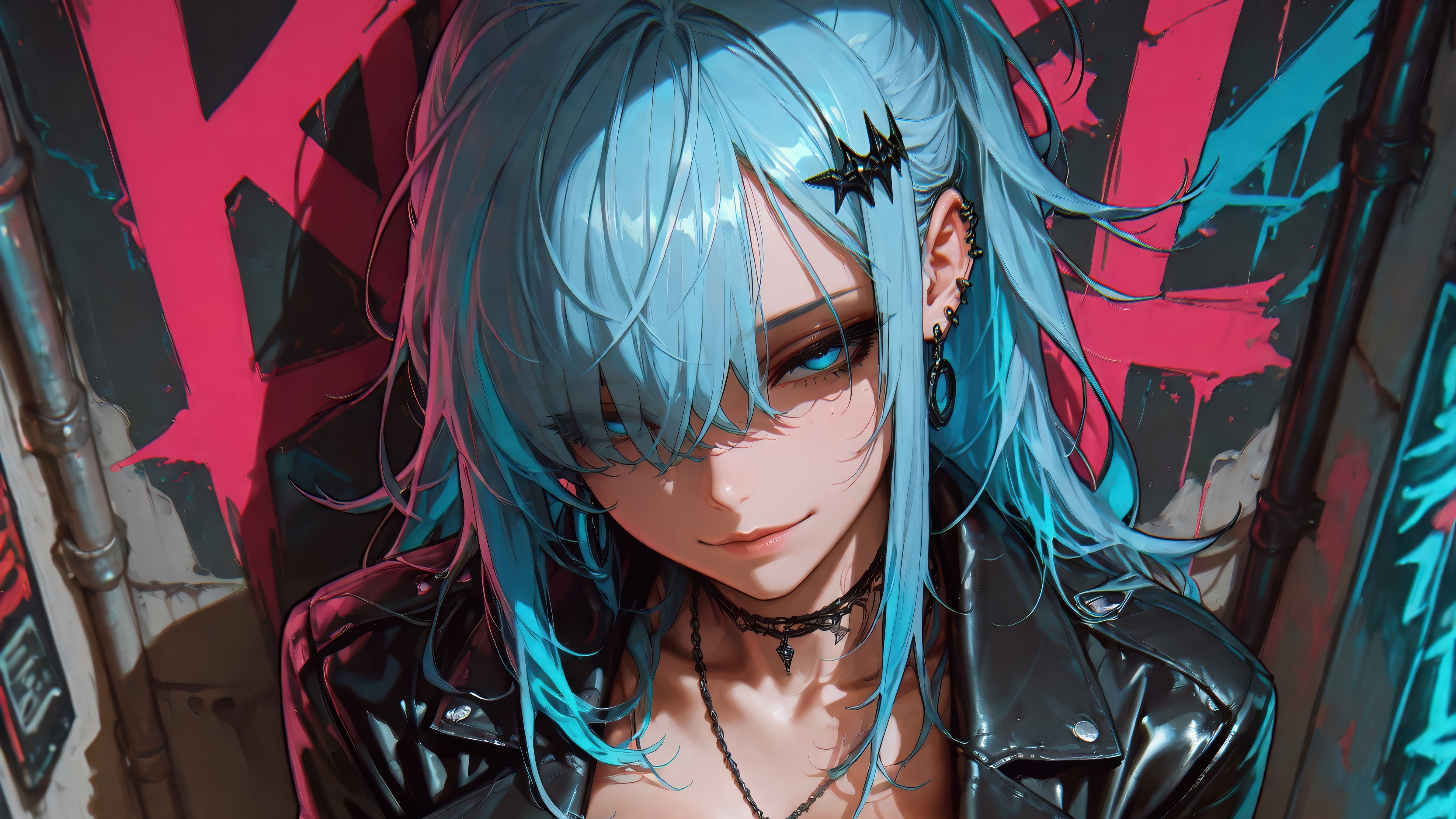 Anime Girl with Blue Hair and Black Leather Jacket 4K HD Wallpaper