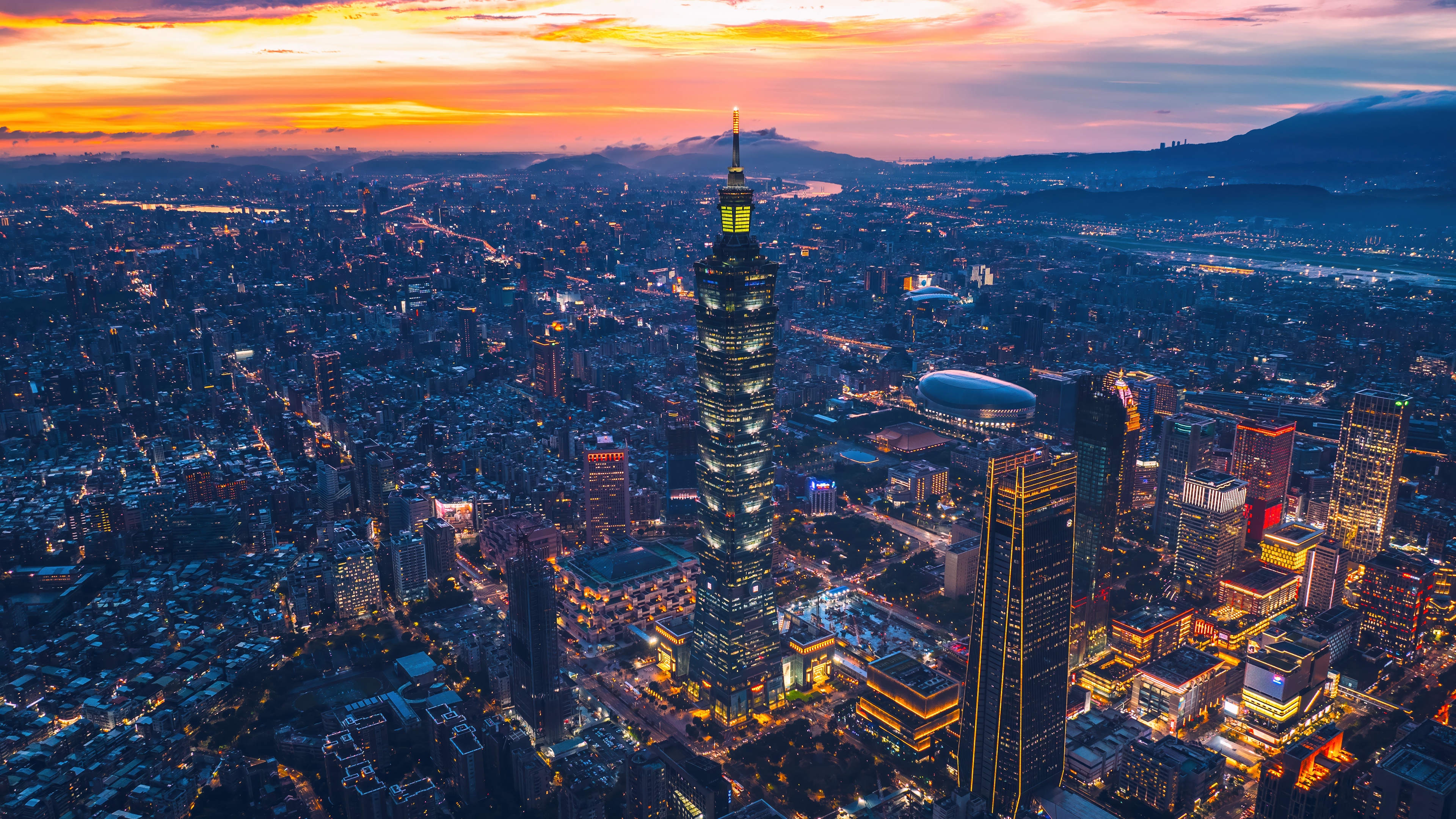 Taipei 101 skyscraper at sunset, Taiwan 4K HD Wallpaper