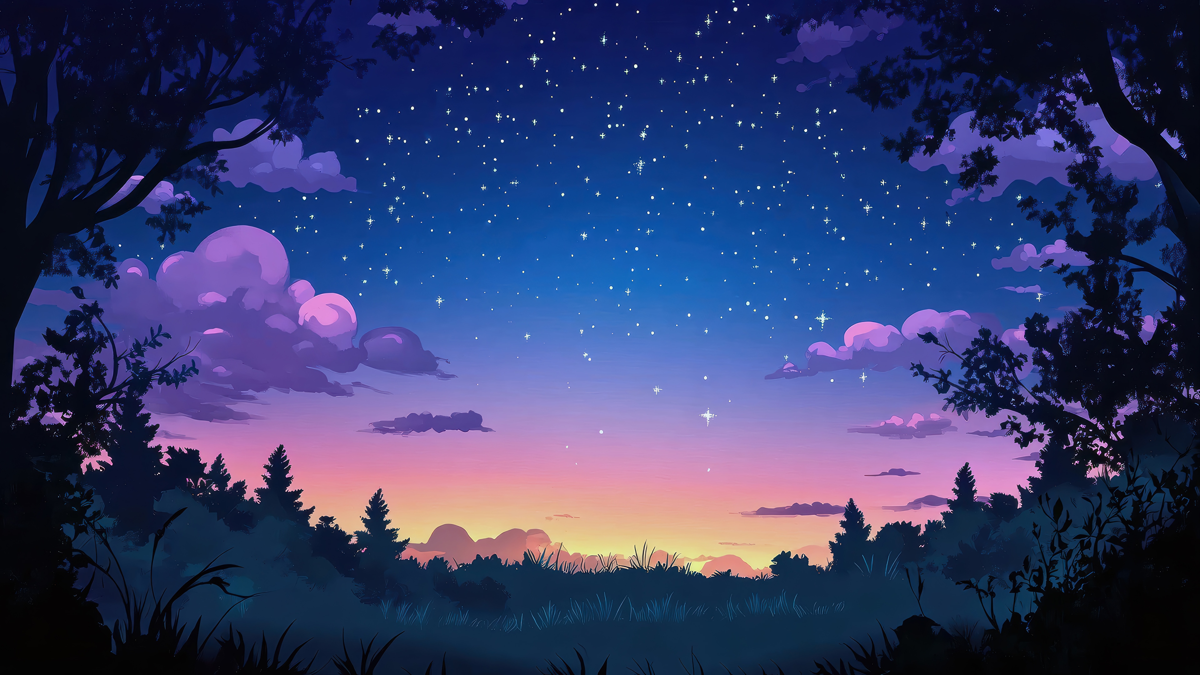 Starry Sky Over Forest at Sunrise 4K HD Wallpaper