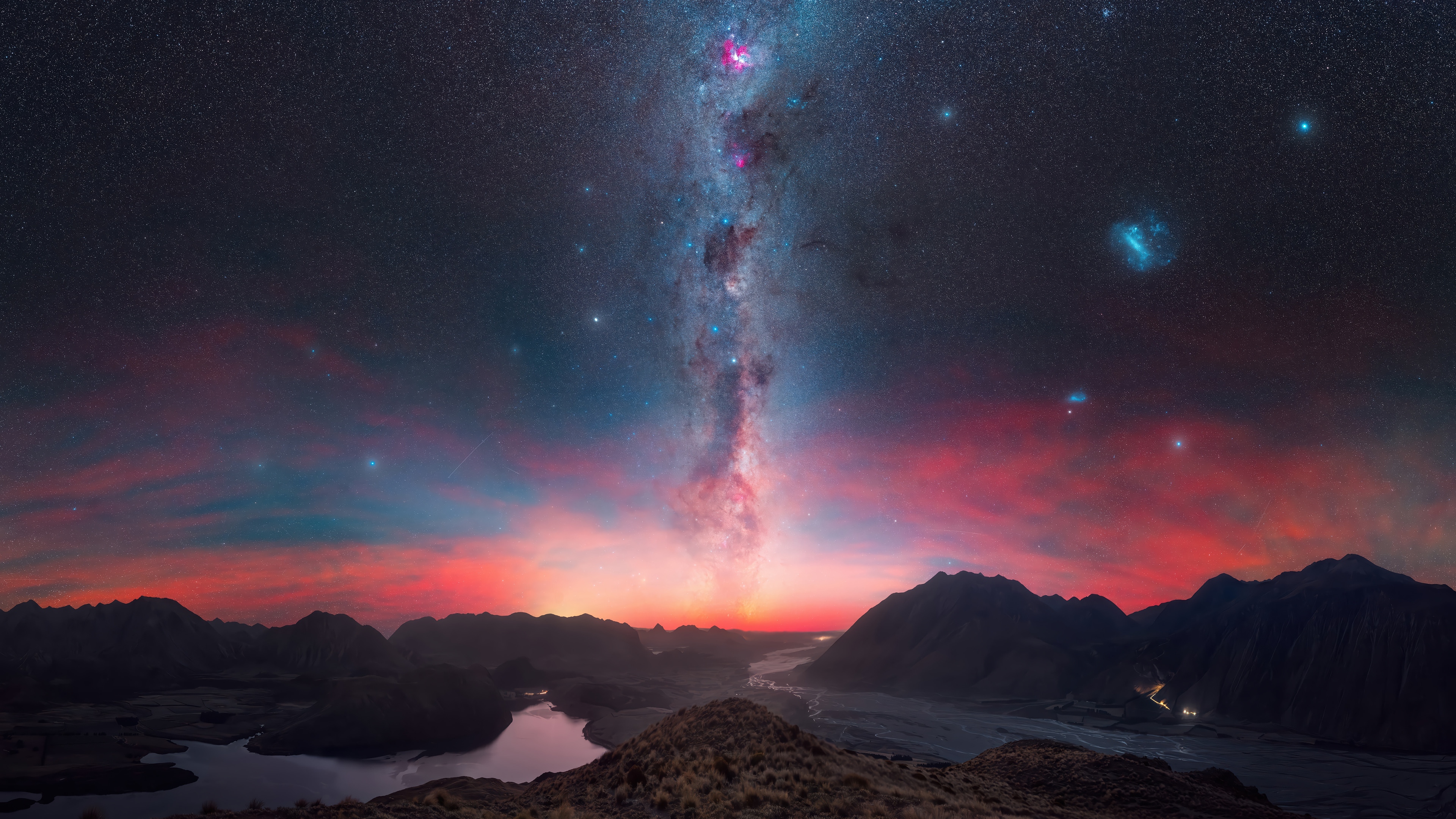 Milky Way over mountains and lake at sunrise 4K HD Wallpaper