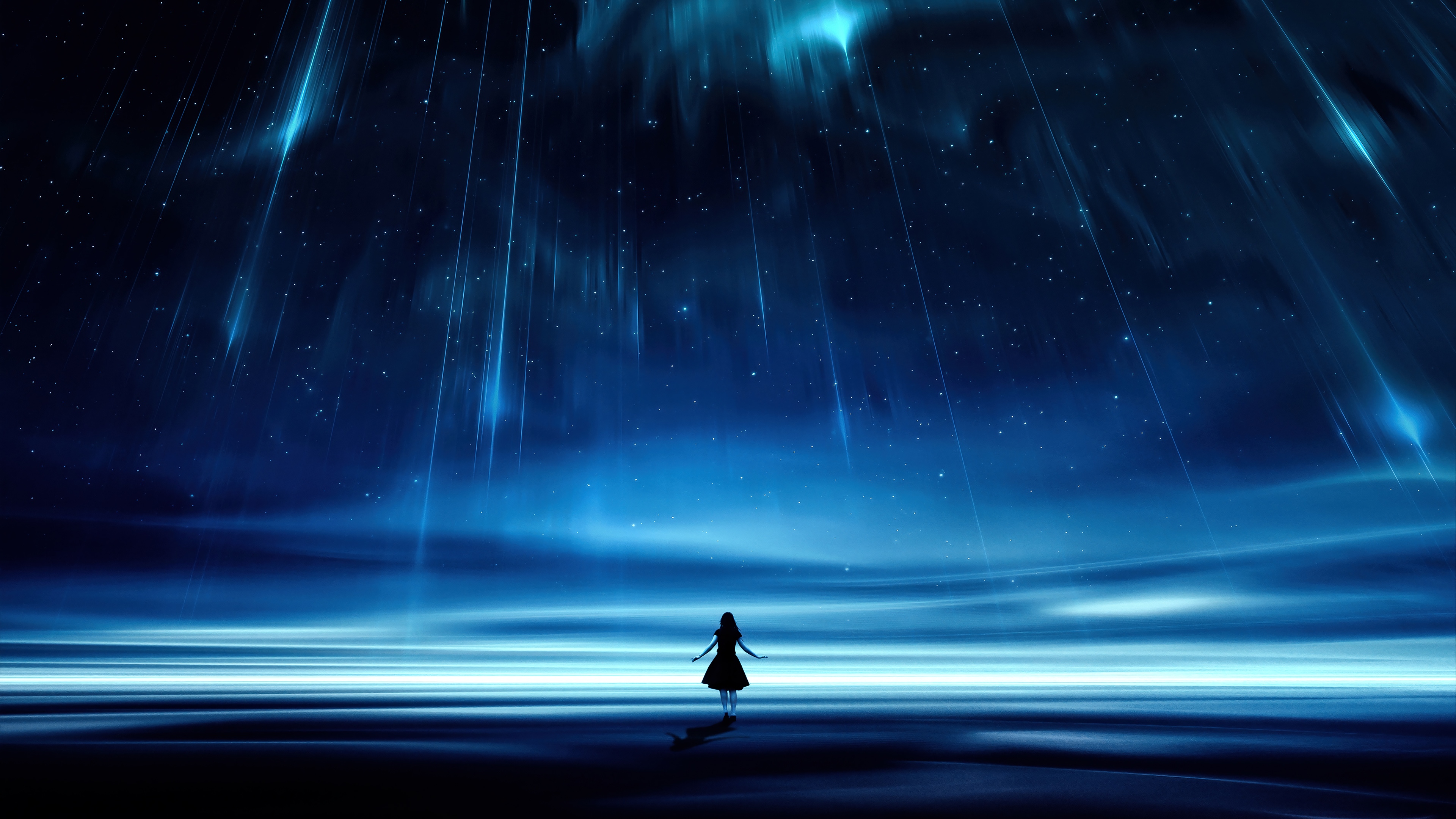 Girl Standing Under Falling Stars 4K HD Wallpaper