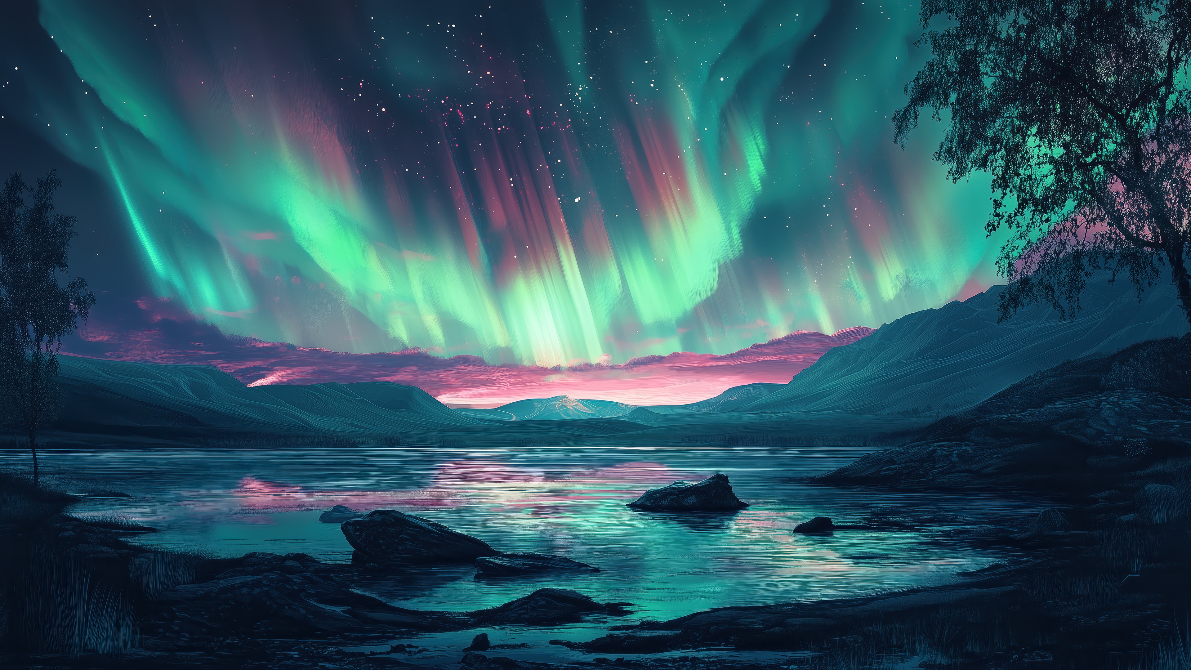 Aurora Borealis over a lake at night HD Wallpaper