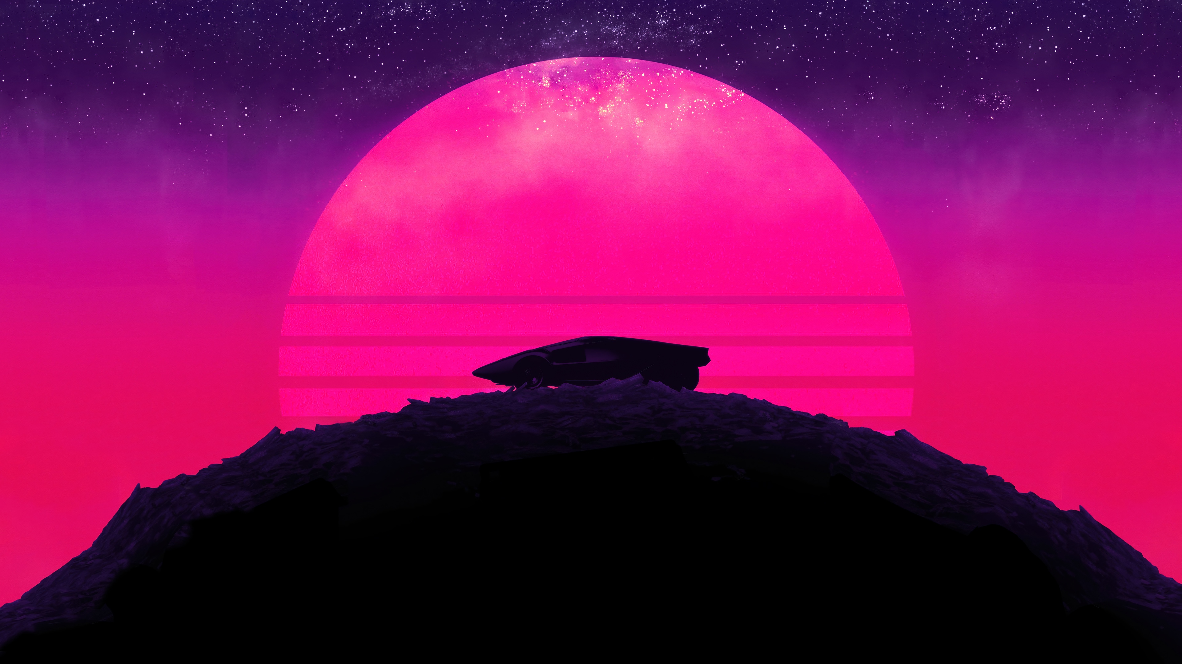 Sports Car on a Hill Under a Neon Moon 4K HD Wallpaper