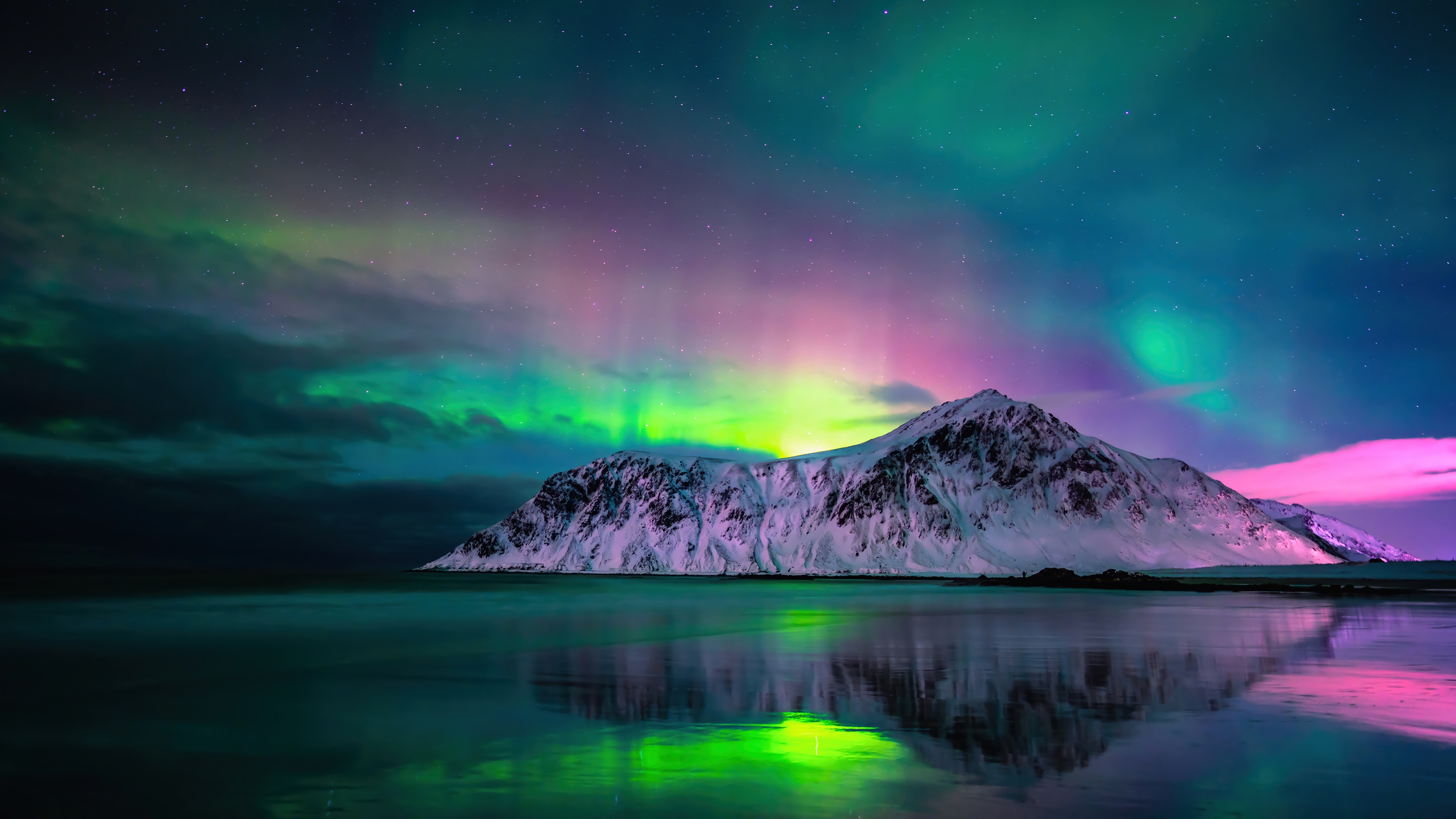 Aurora Borealis Over Snow-Capped Mountain and Ocean HD Wallpaper