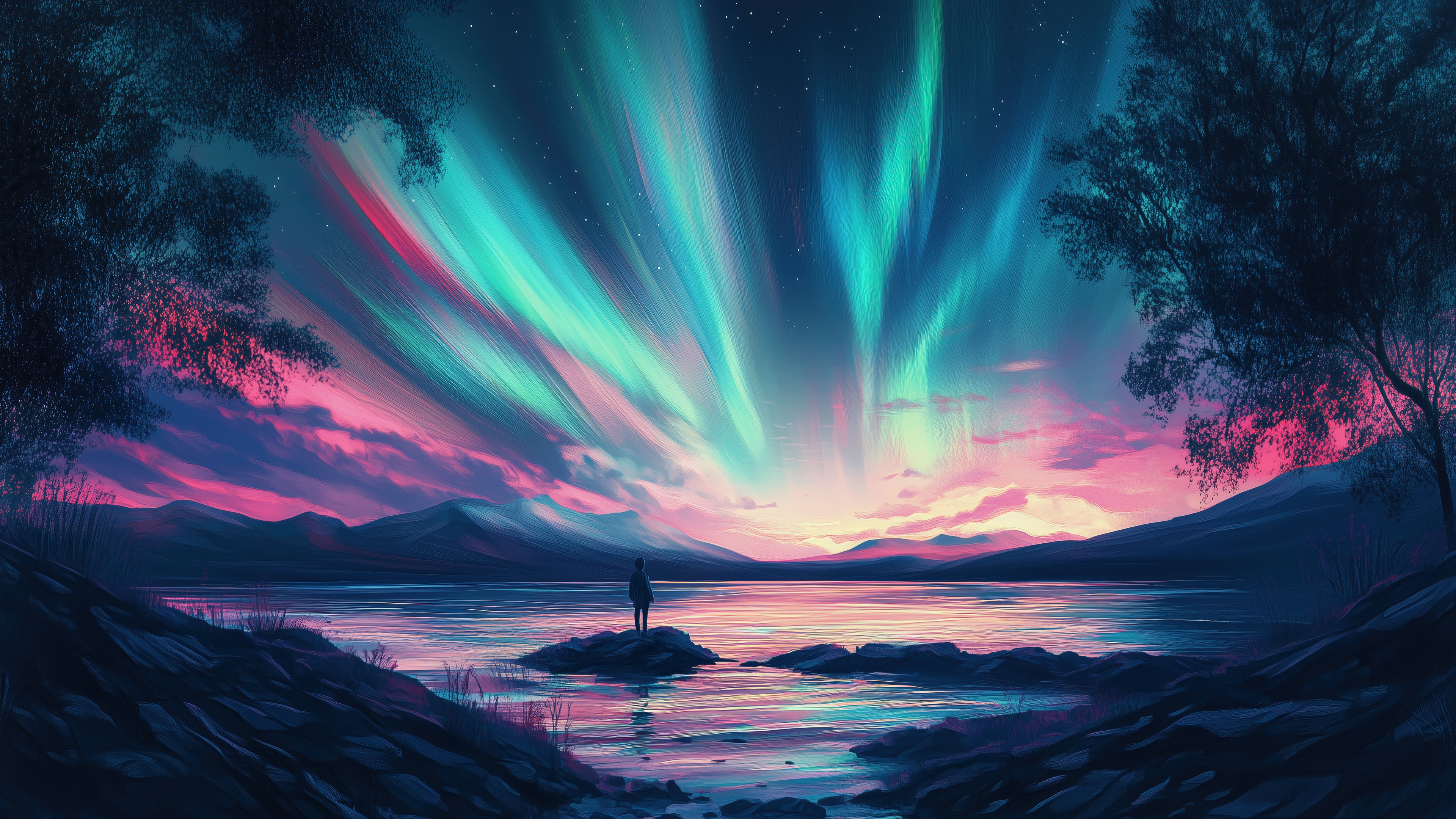 Aurora Borealis over a lake with a lone figure HD Wallpaper