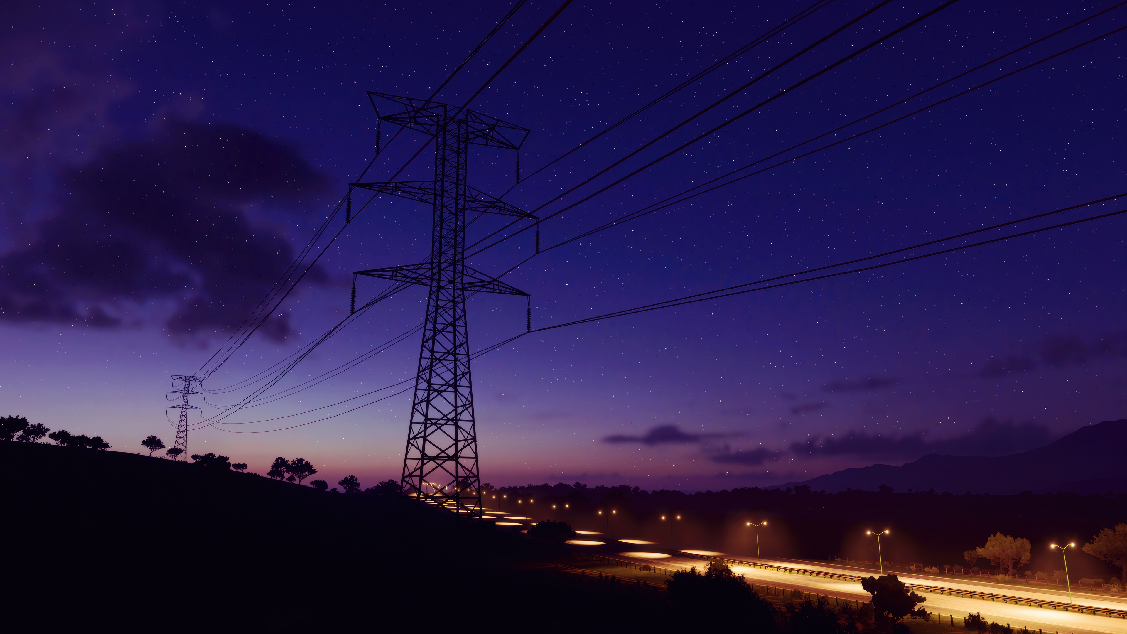 Night sky with power lines and highway HD Wallpaper