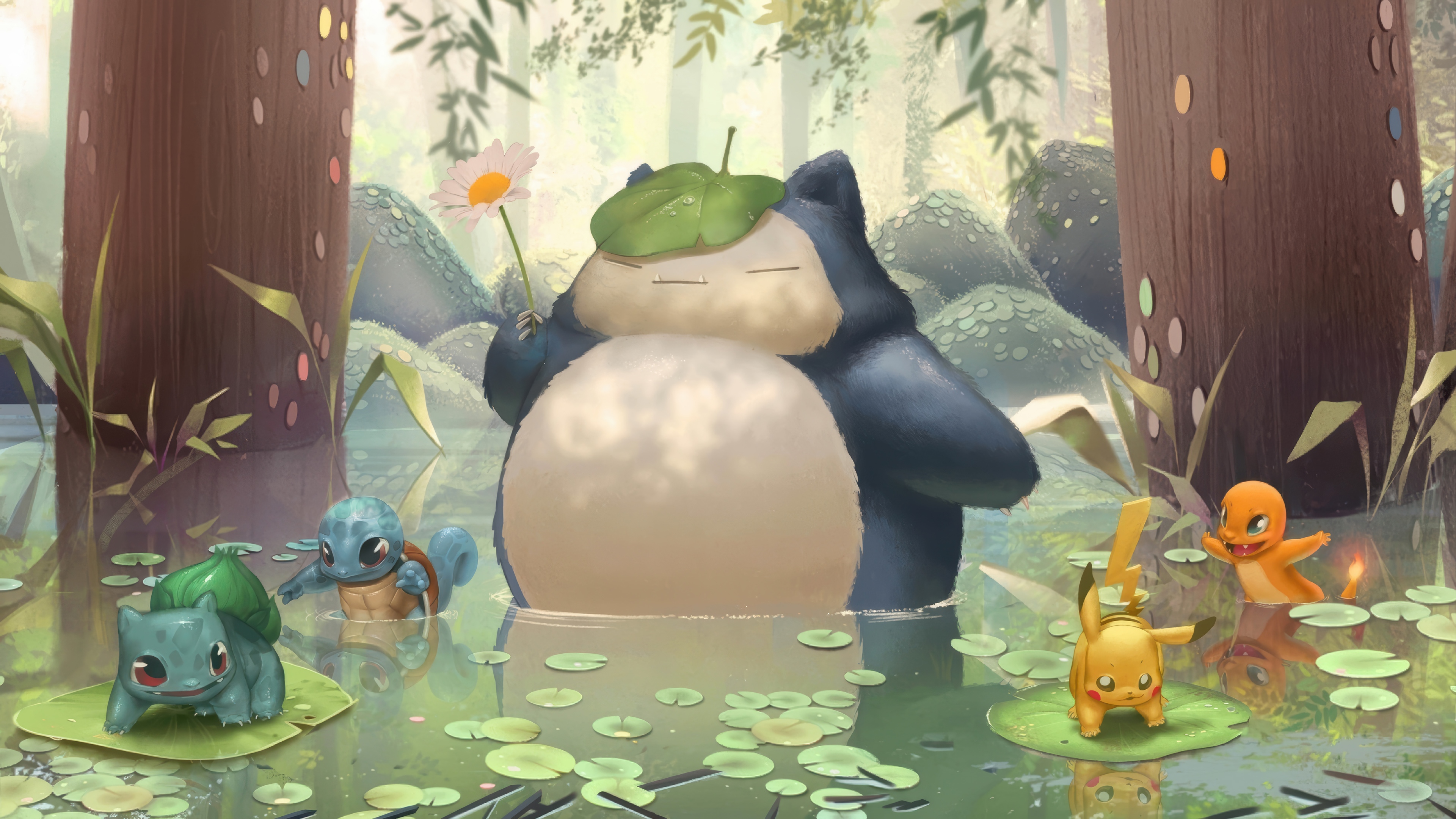 Pokemon: Snorlax, Pikachu, Charmander, Squirtle, Bulbasaur in 4K HD Wallpaper