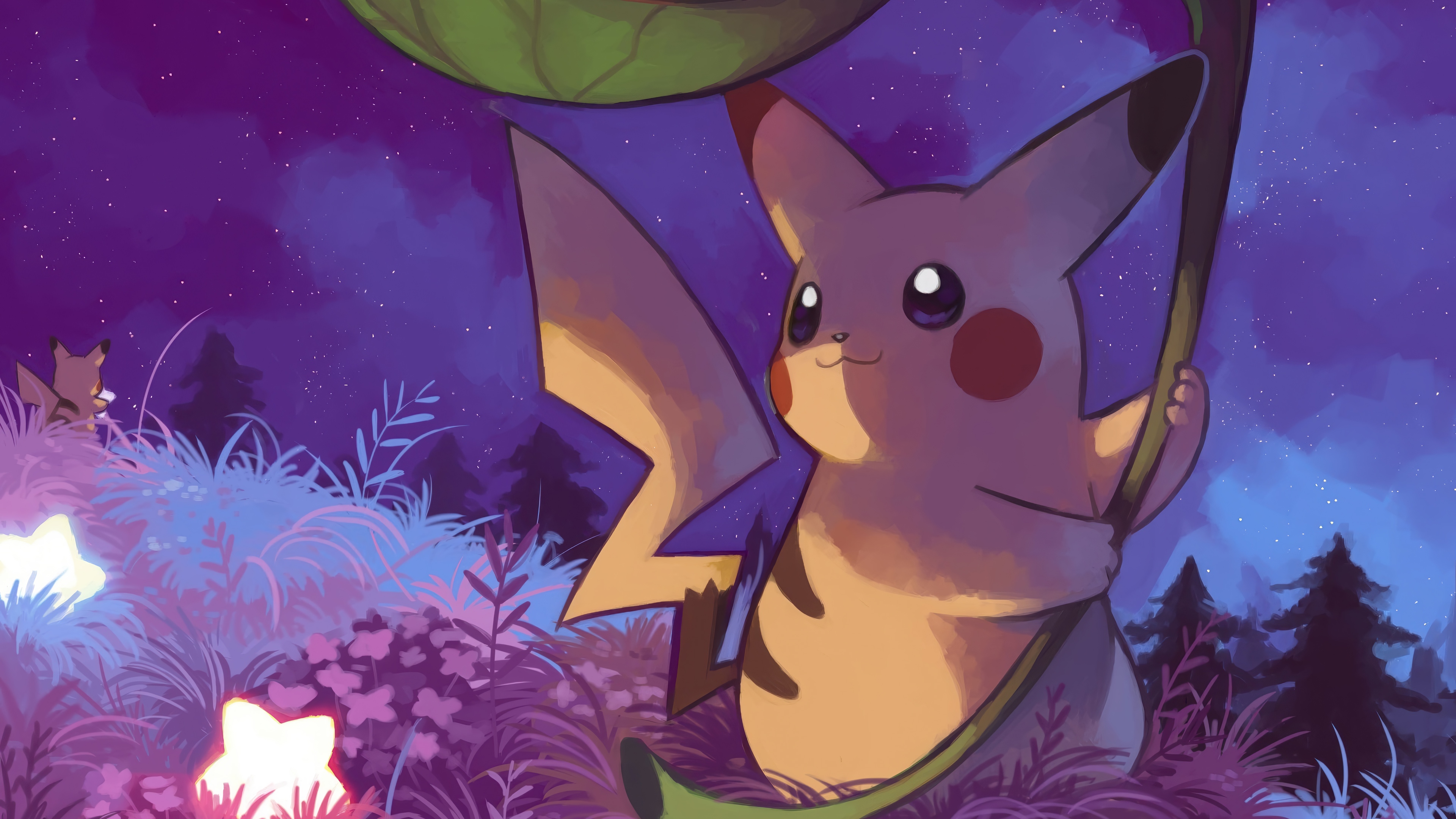 Pikachu in a Starry Night Forest HD Wallpaper