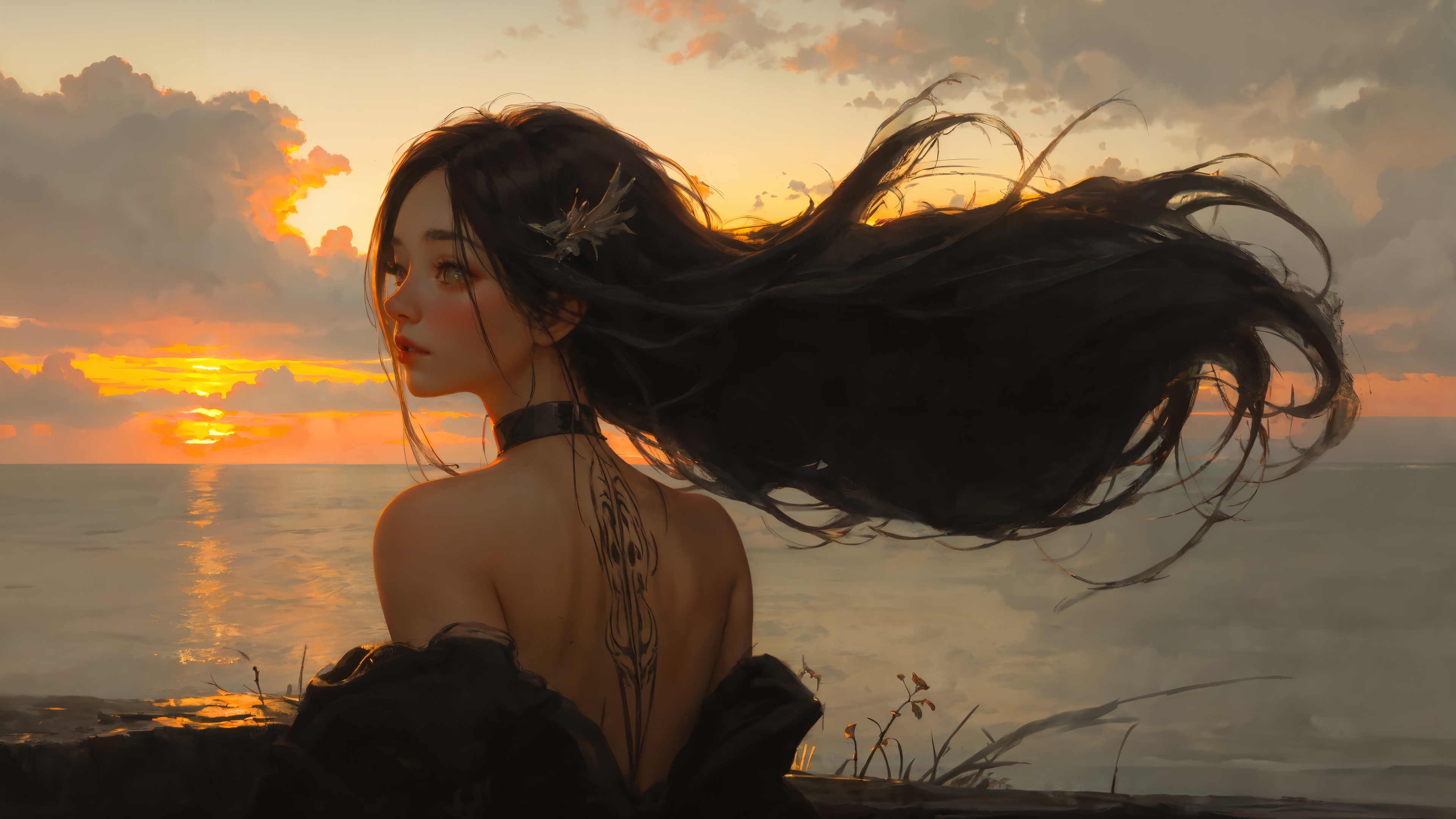 Fantasy girl with long hair at sunset 4K HD Wallpaper