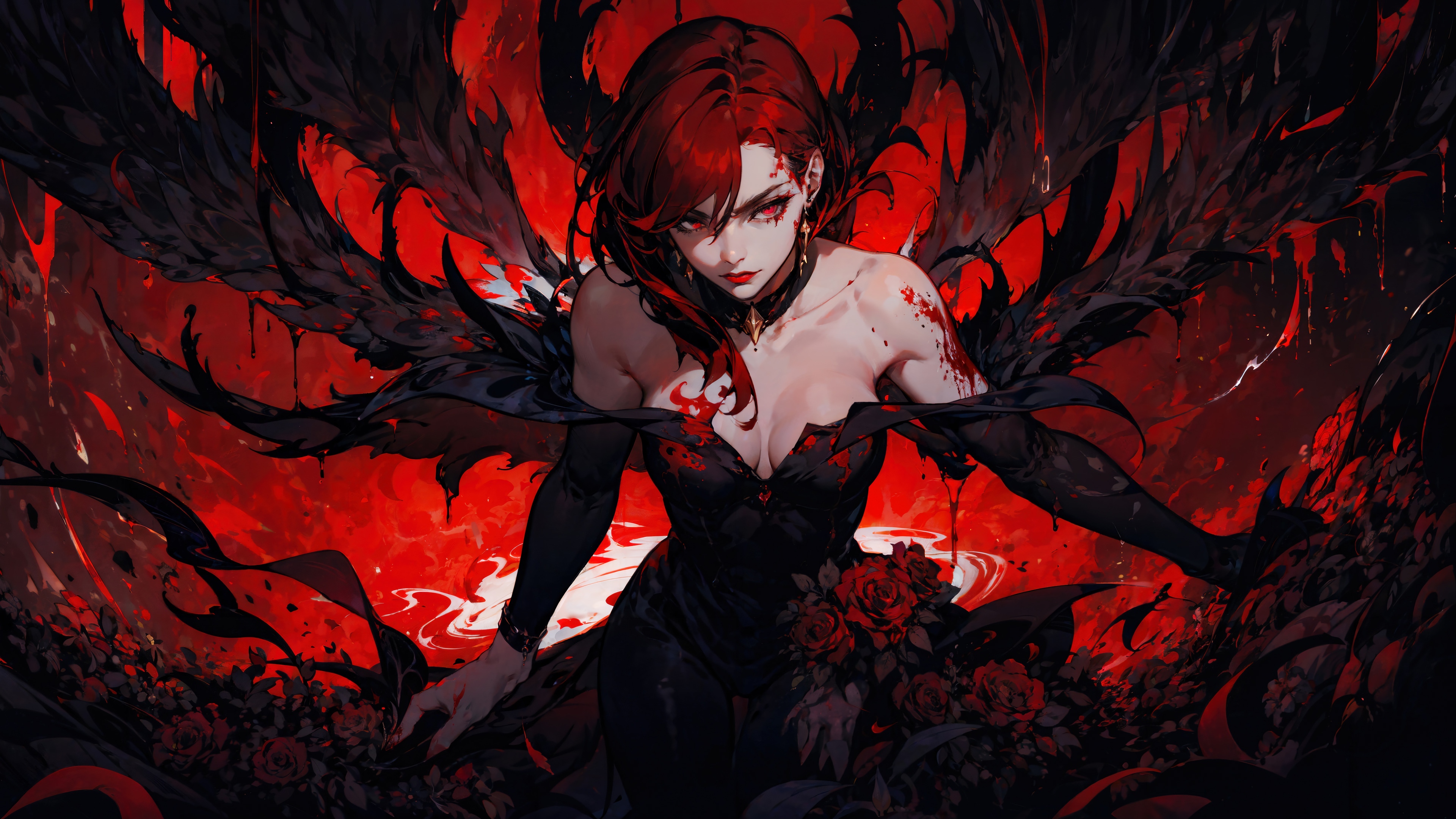 Fantasy Girl with Red Hair and Black Wings HD Wallpaper