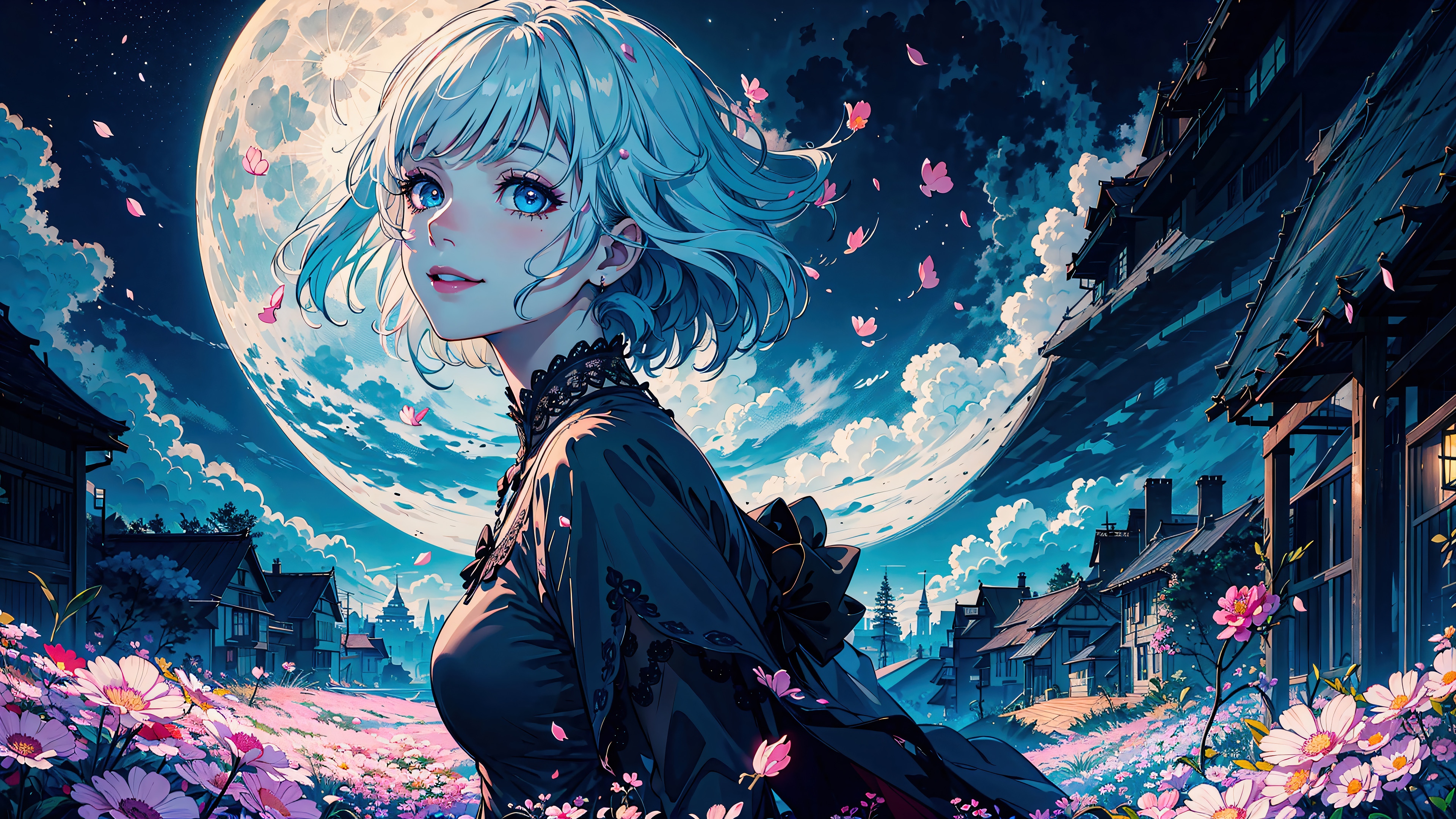 Anime Girl in Flower Field Under Moon 4K HD Wallpaper