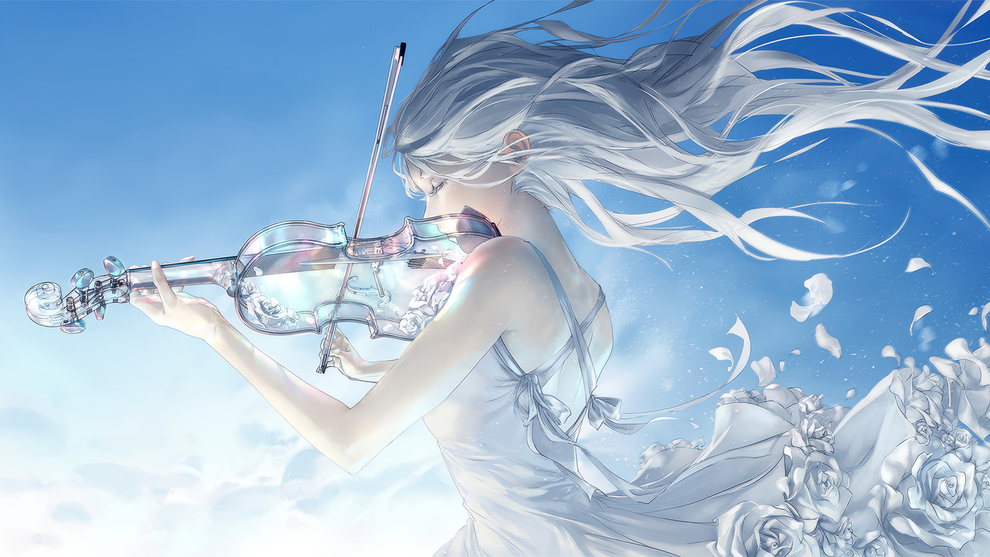 Anime Girl with White Hair Playing Violin 4K HD Wallpaper