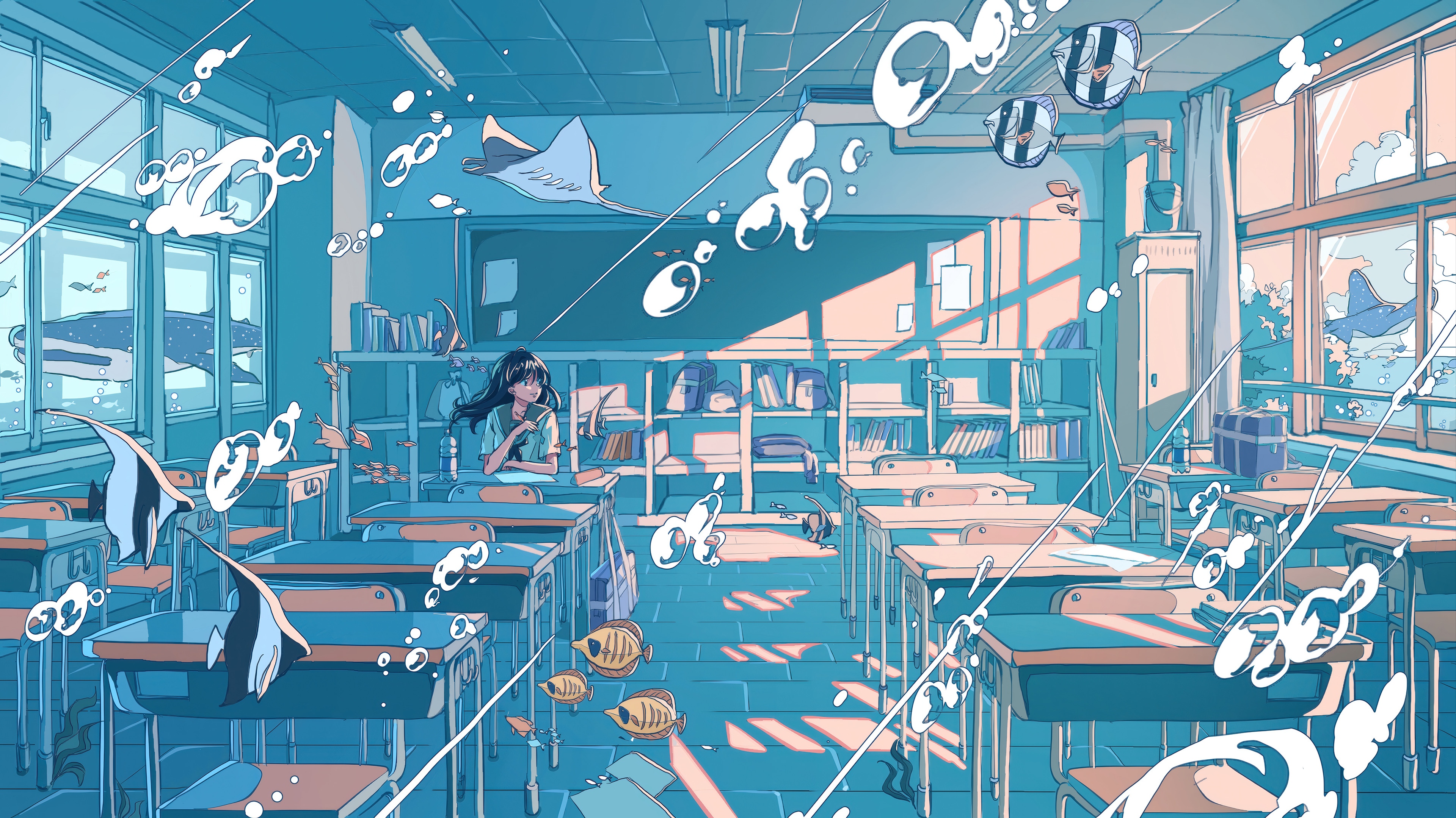 Anime Classroom Underwater with Student and Fish HD Wallpaper