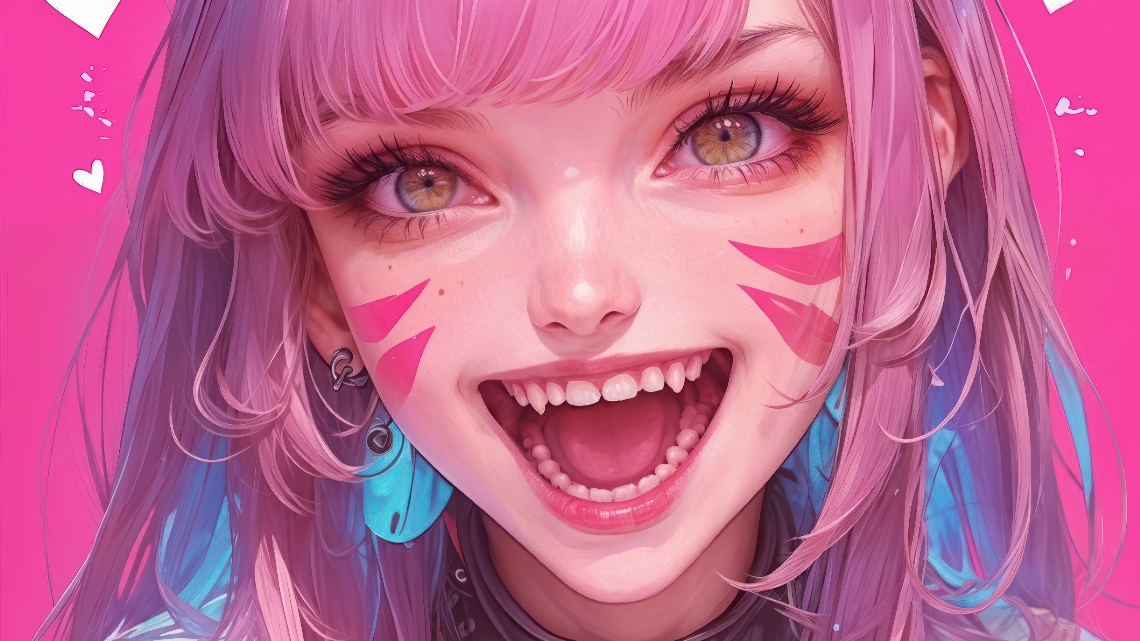 Anime Girl with Pink Hair and D.Va Markings HD Wallpaper