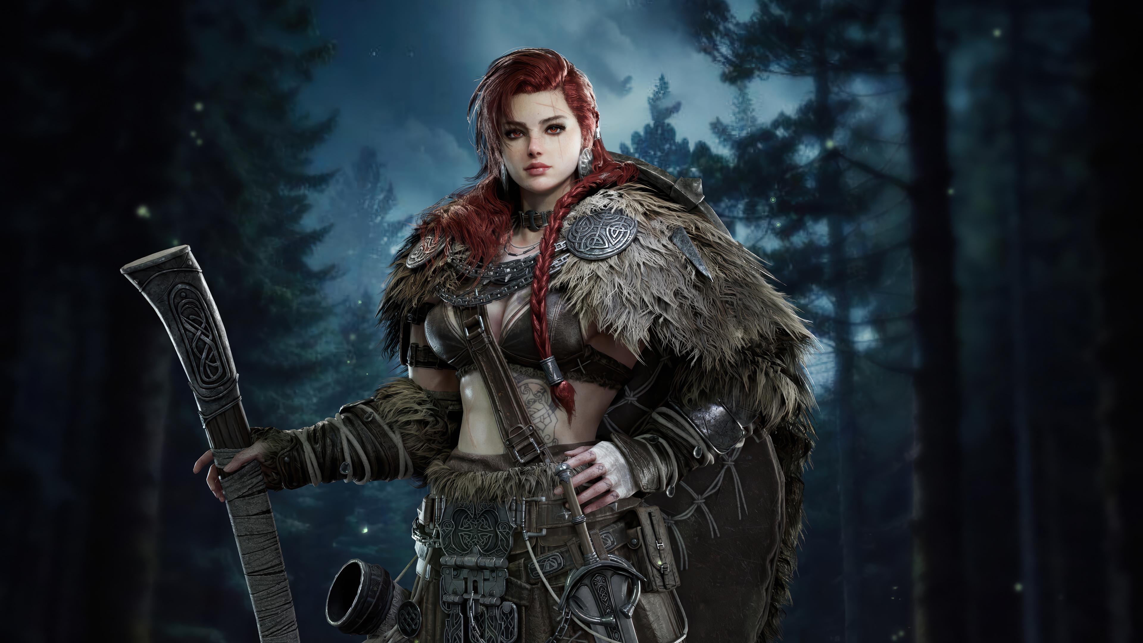 Viking woman with red hair and axe in forest 4K HD Wallpaper