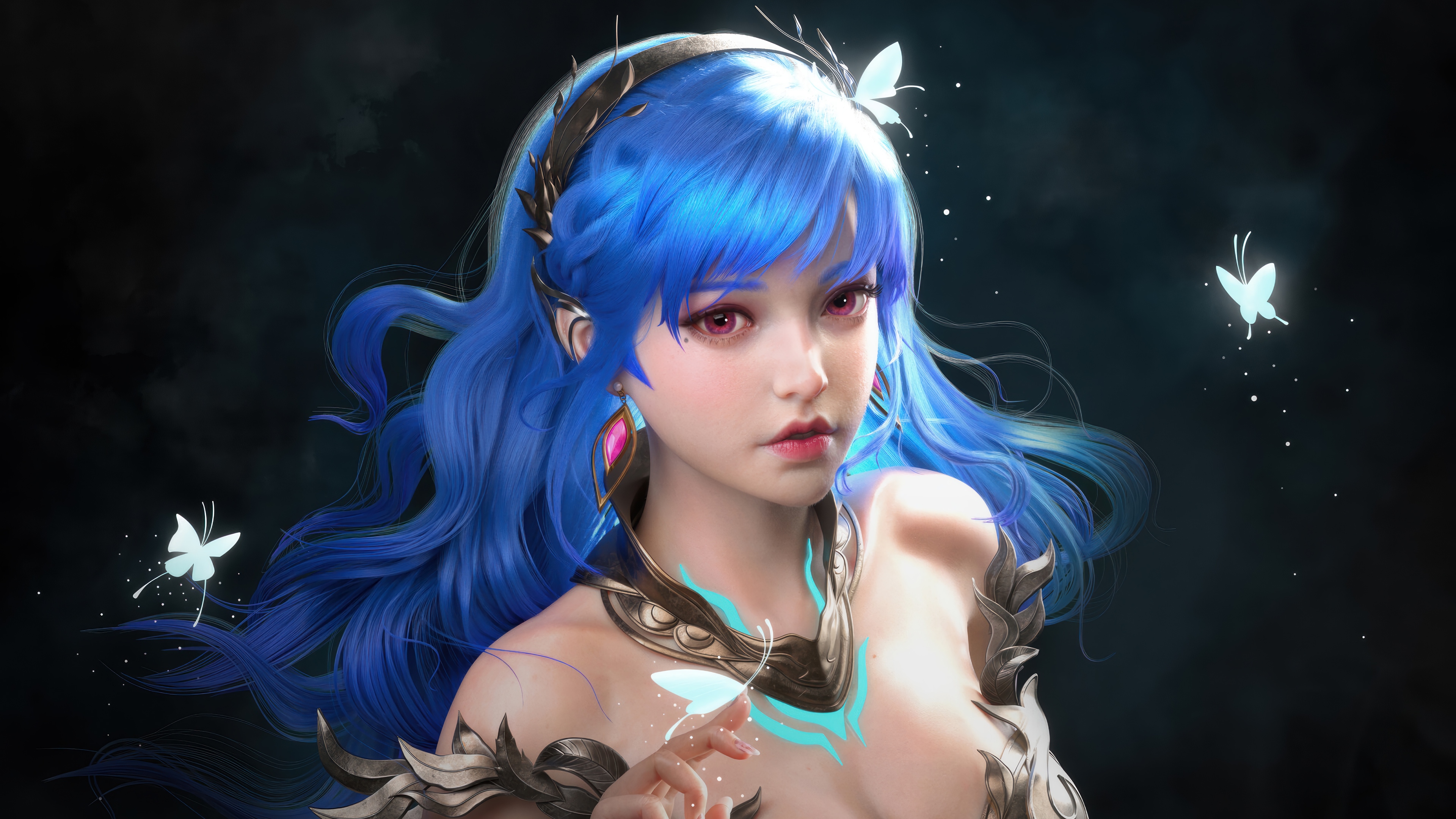 Fantasy Anime Girl with Blue Hair and Butterflies 4K HD Wallpaper