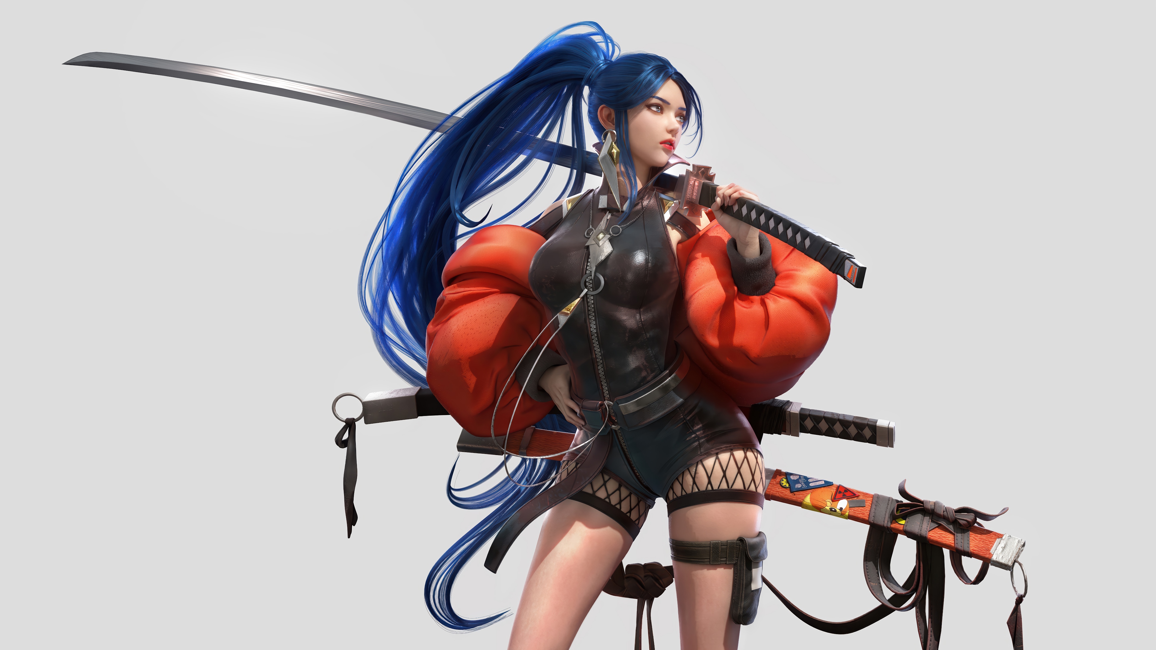 Anime Girl with Blue Hair and Katana HD Wallpaper