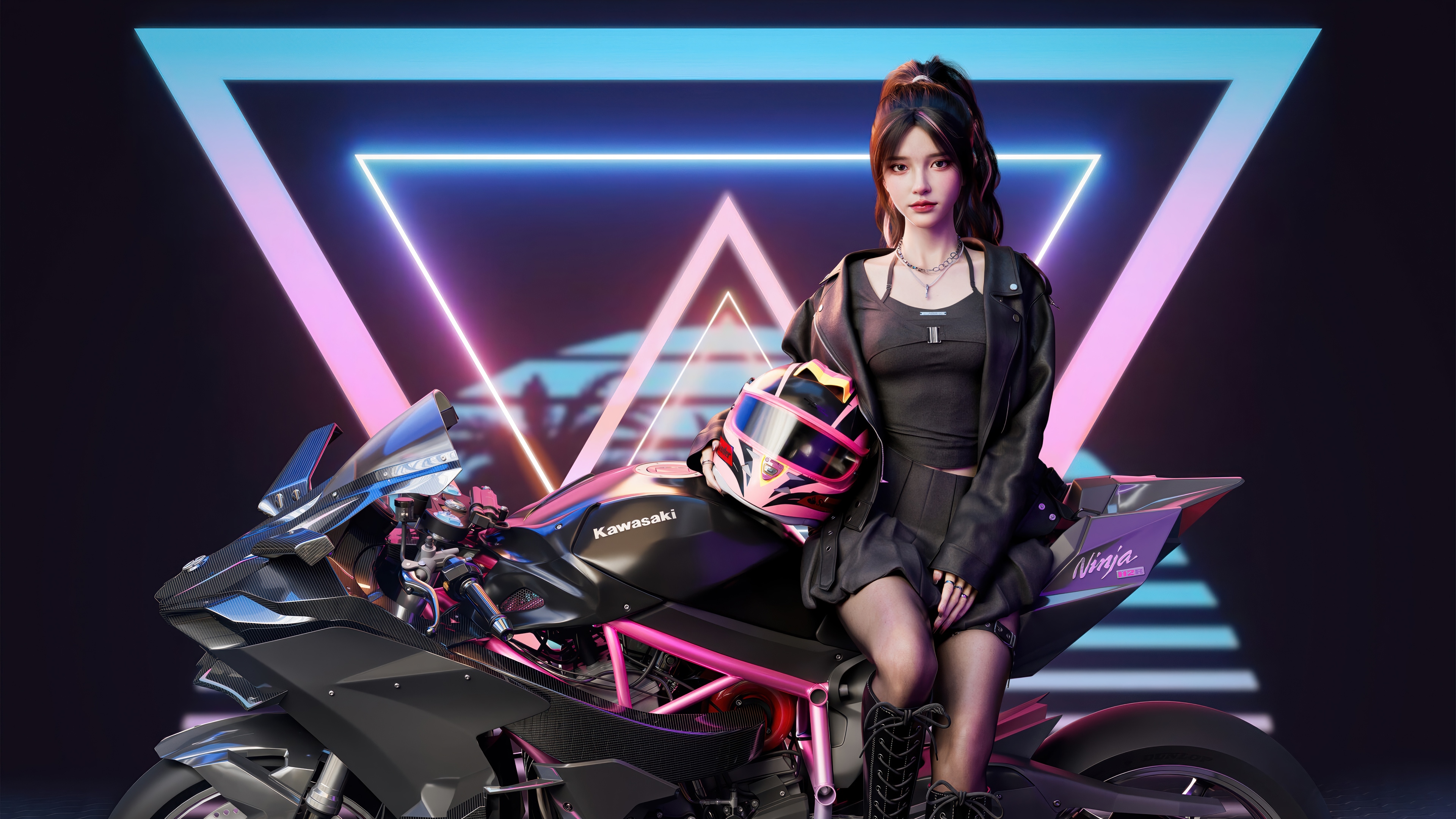 Anime Girl with Kawasaki Ninja Motorcycle 4K HD Wallpaper