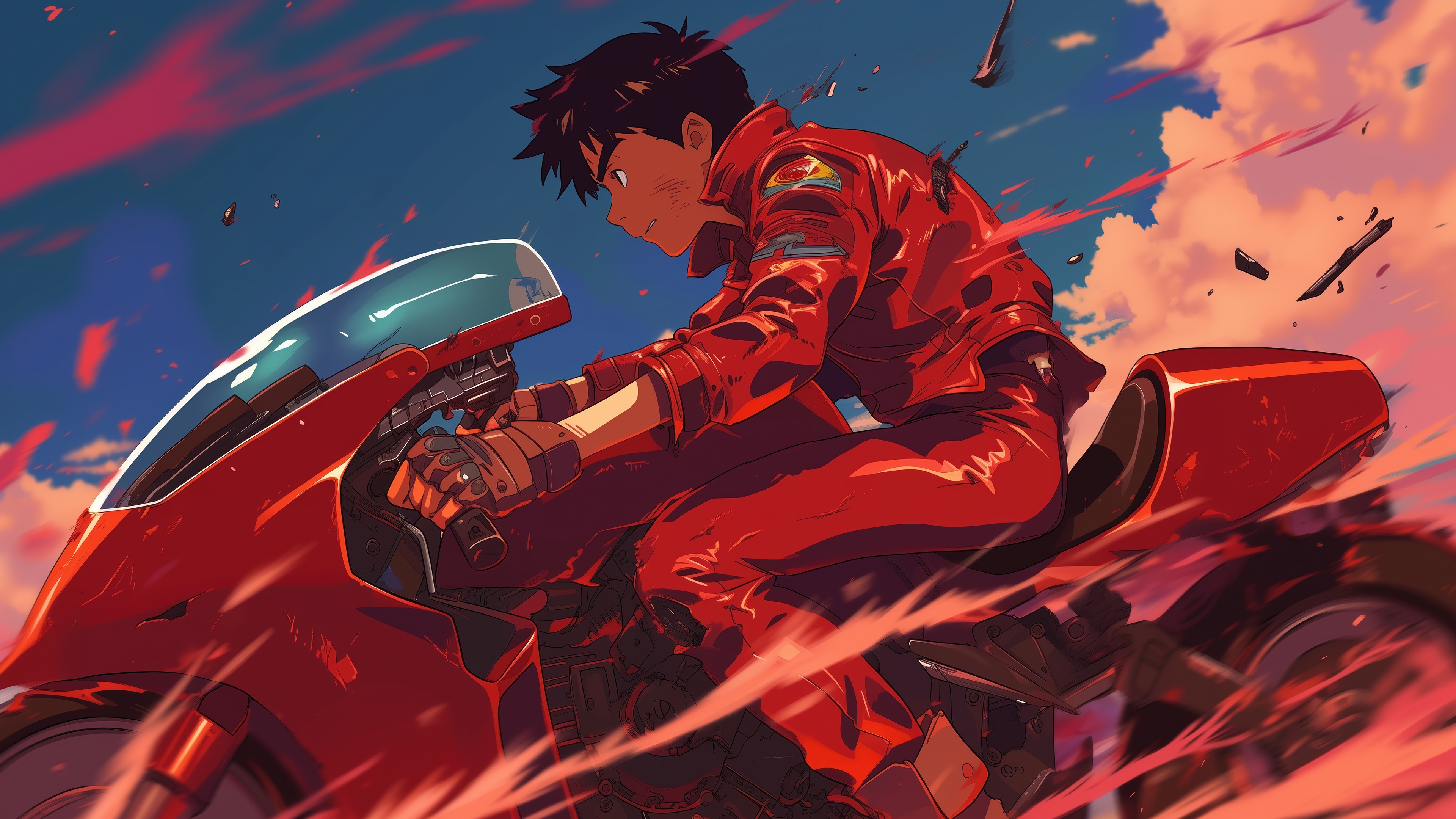 Akira rides a red motorcycle in 4K HD Wallpaper