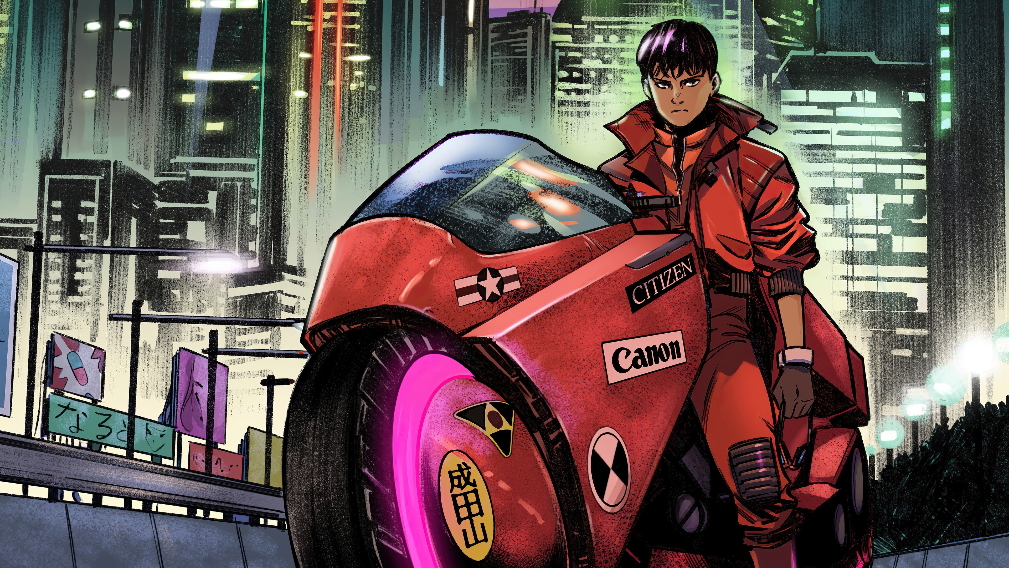 Akira on a Motorcycle in Neo-Tokyo HD Wallpaper
