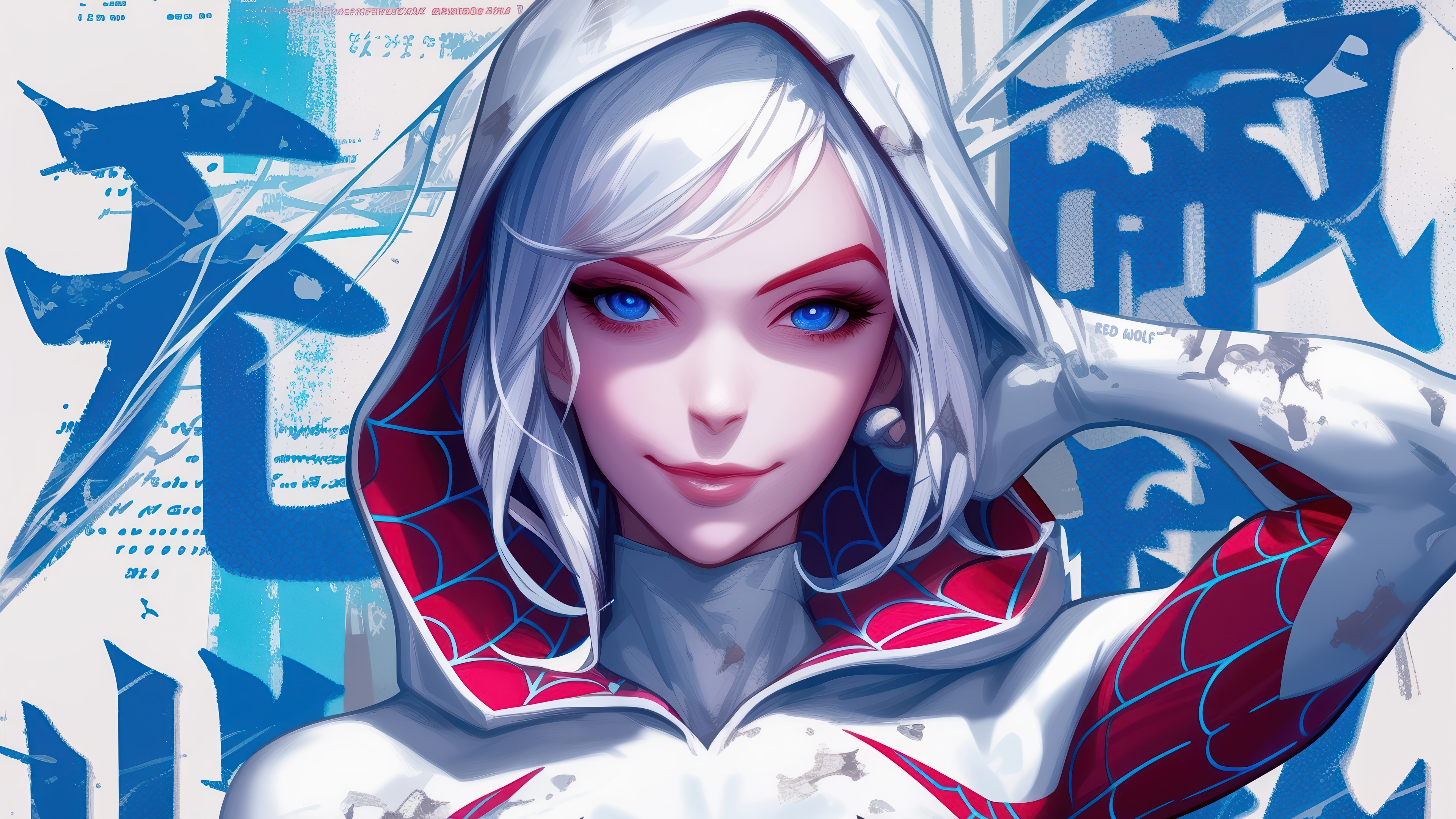 Spider-Gwen in a white and red suit with blue background HD Wallpaper