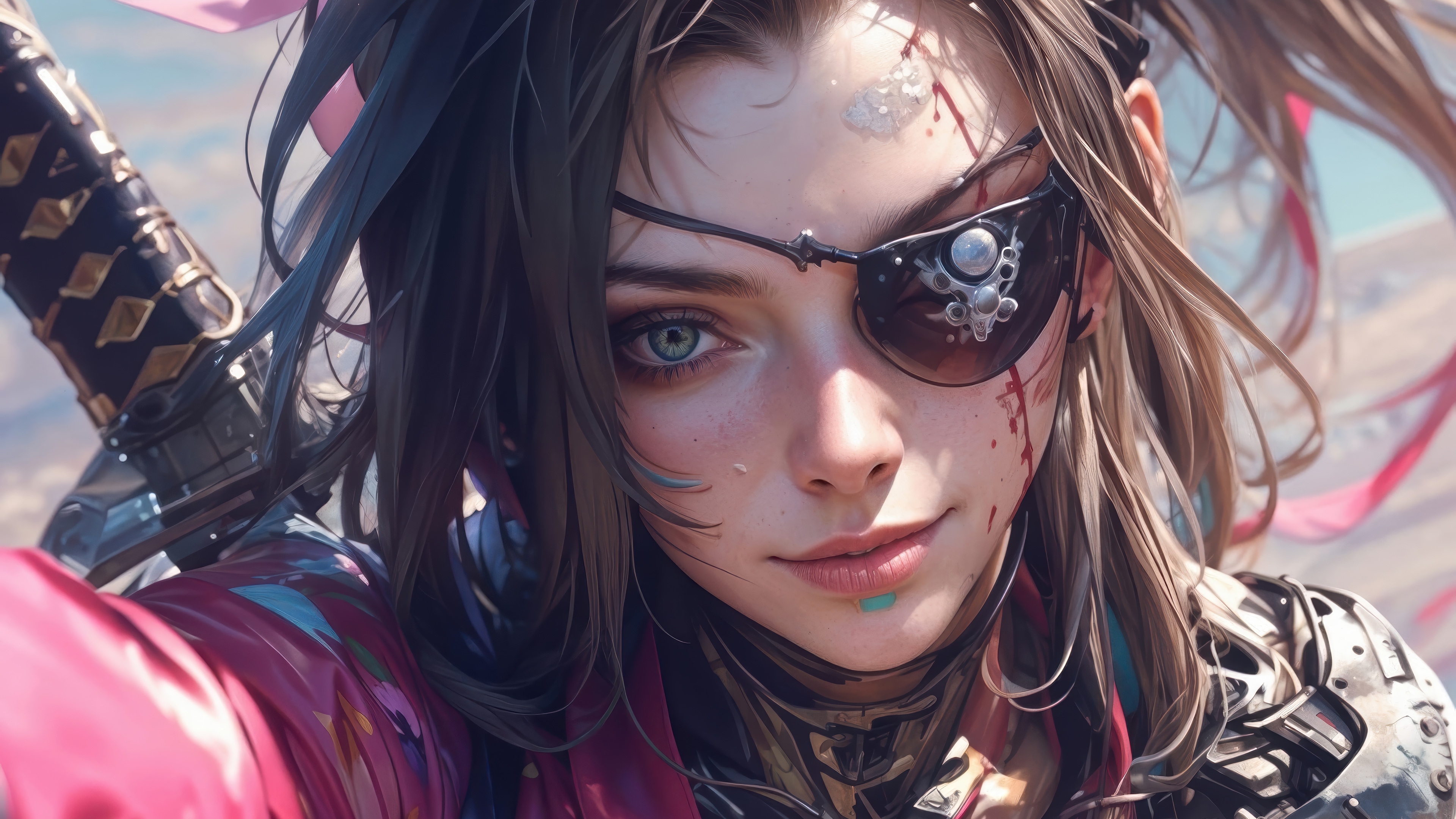 Cyberpunk Girl with Eye Patch and Katana 4K HD Wallpaper