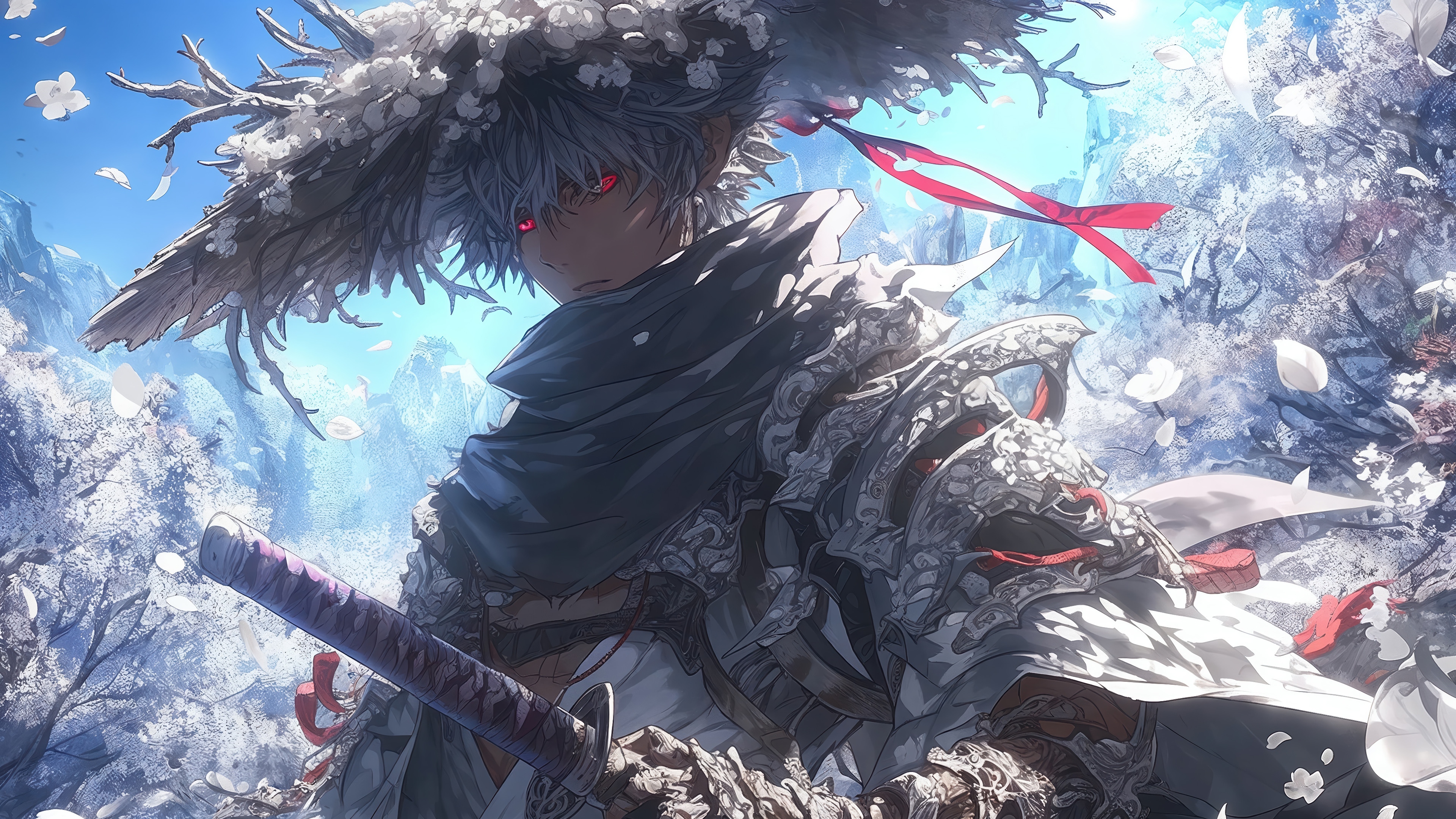 Fantasy Warrior with Red Eyes and Samurai Sword 4K HD Wallpaper