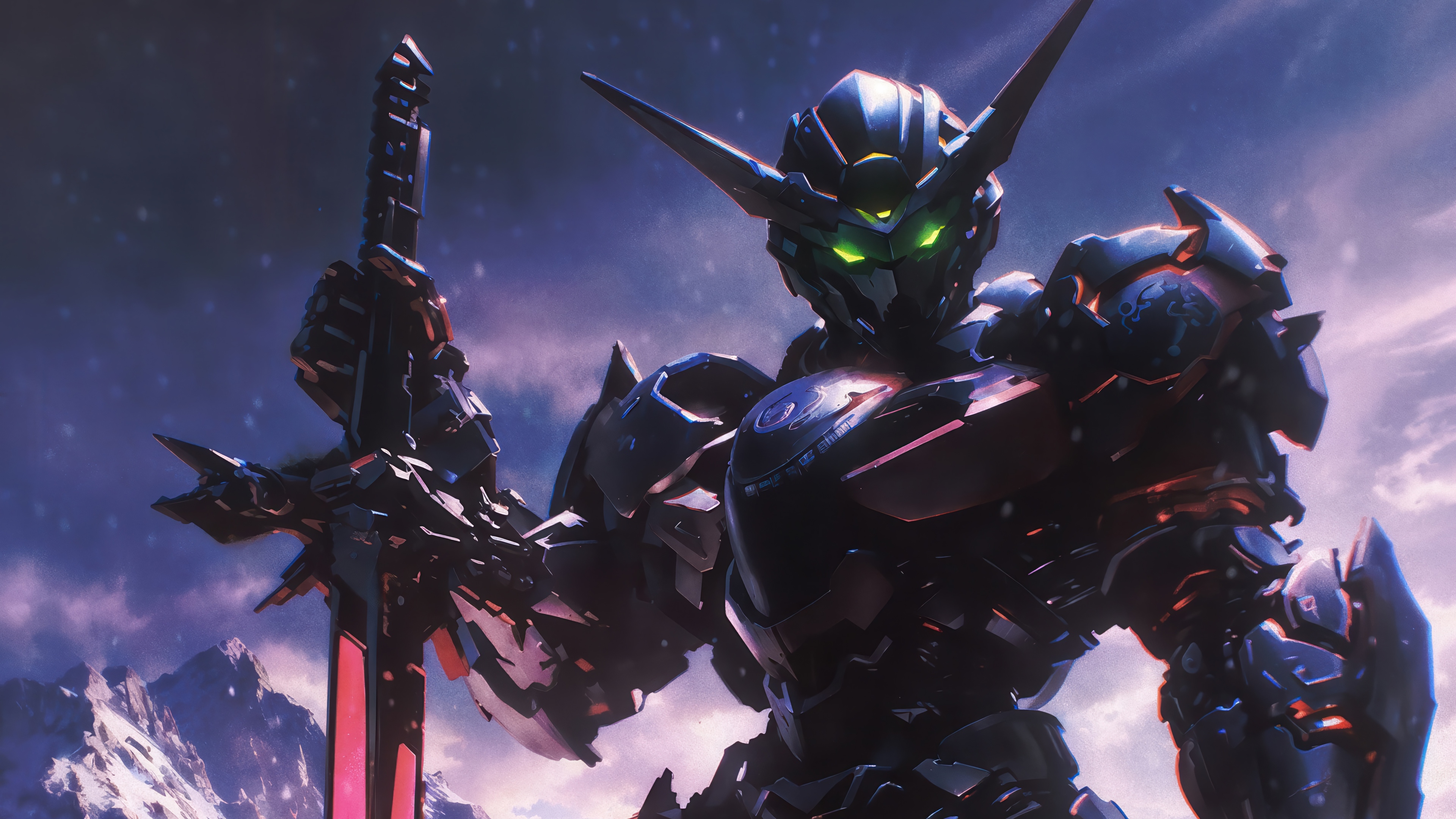 Gundam with a glowing sword in mountains HD Wallpaper