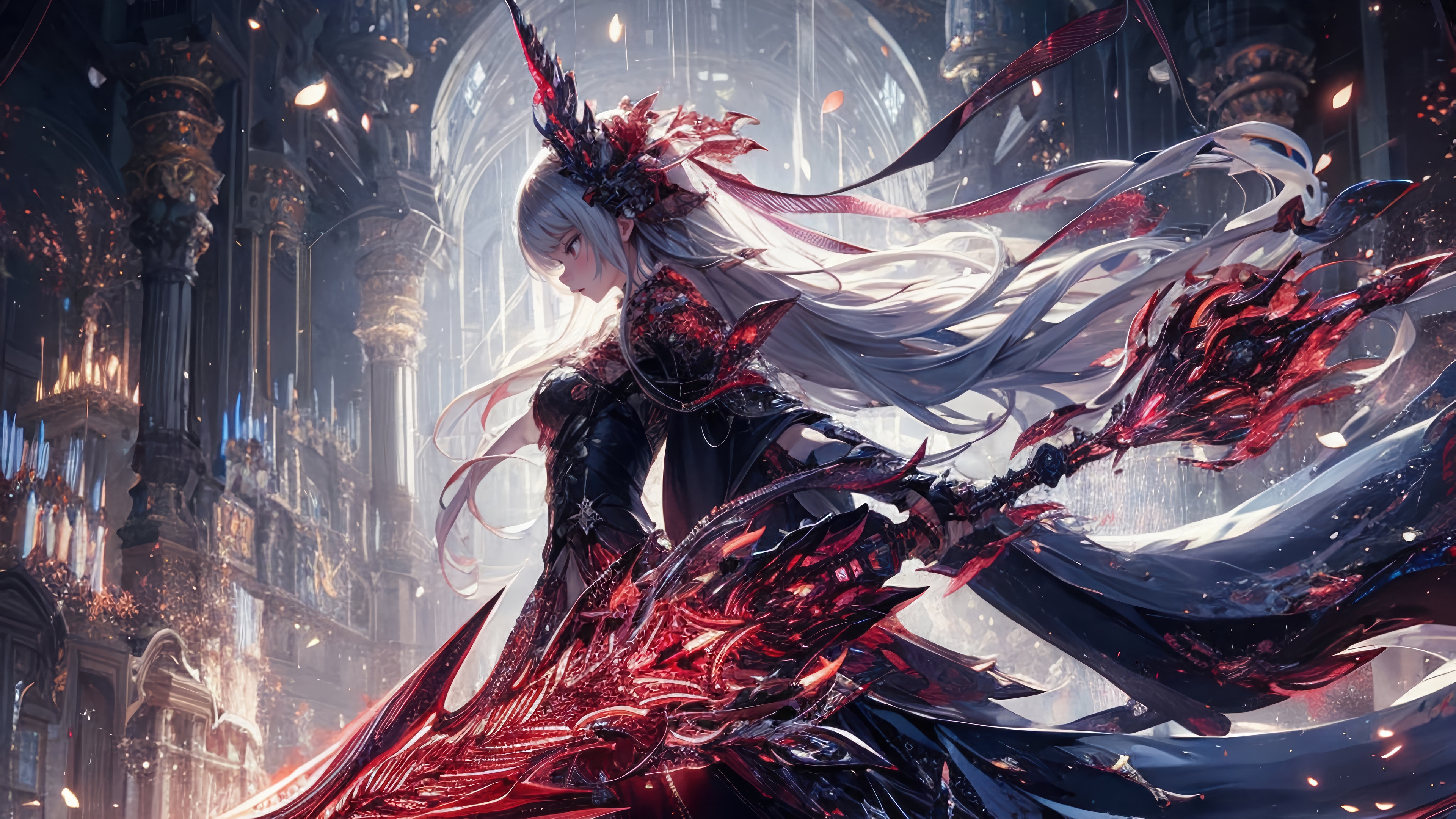 Fantasy Girl Warrior with White Hair and Sword 4K HD Wallpaper