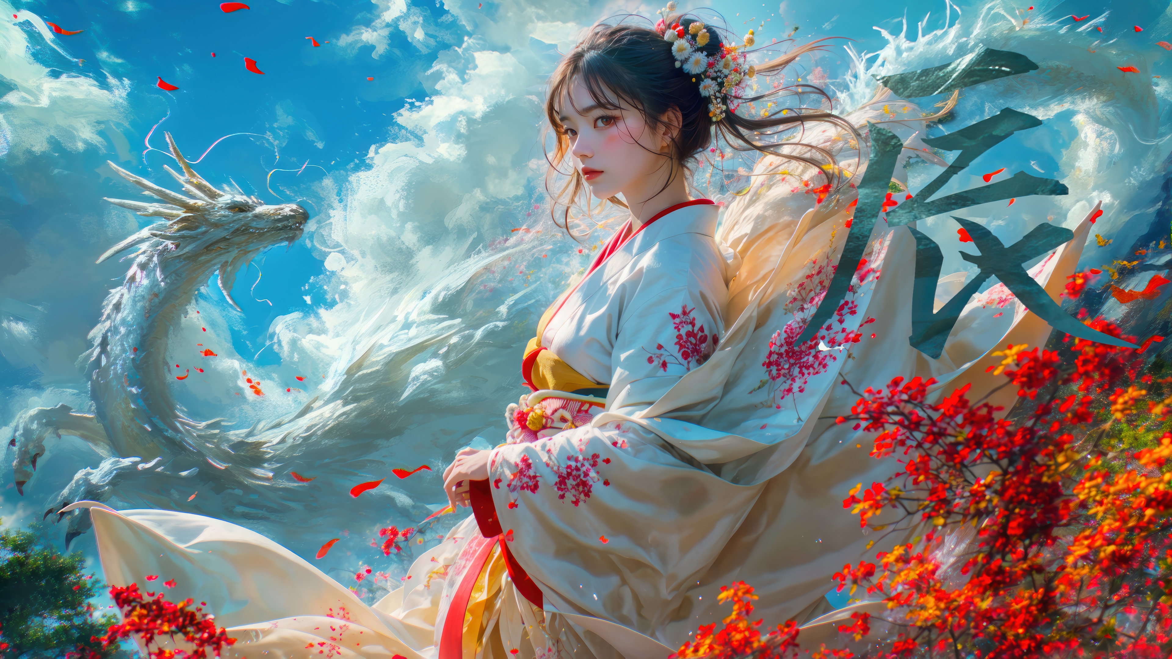Fantasy Girl in Kimono with Dragon 4K HD Wallpaper