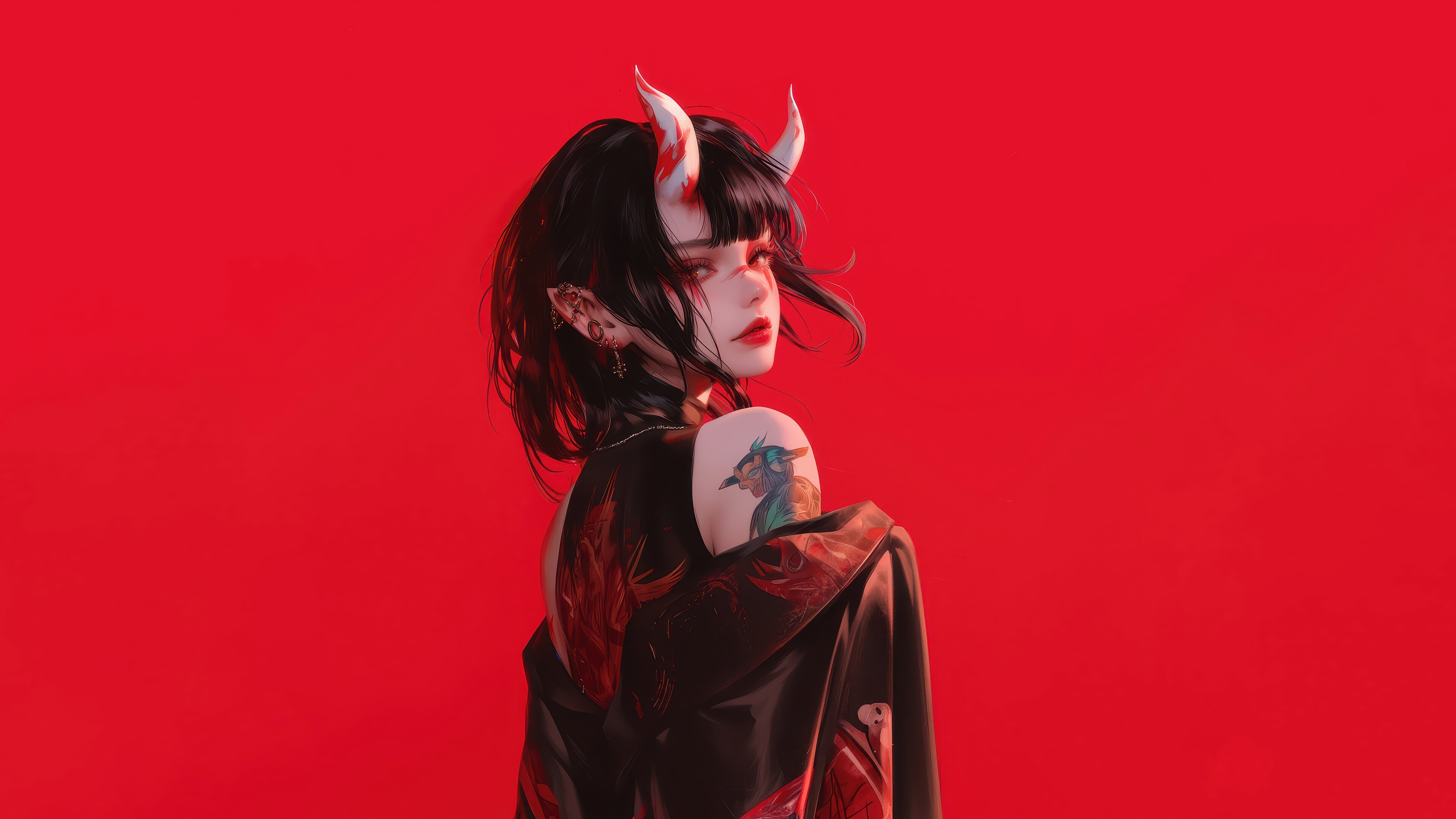 Anime Demon Girl with Horns and Tattoo 4K HD Wallpaper