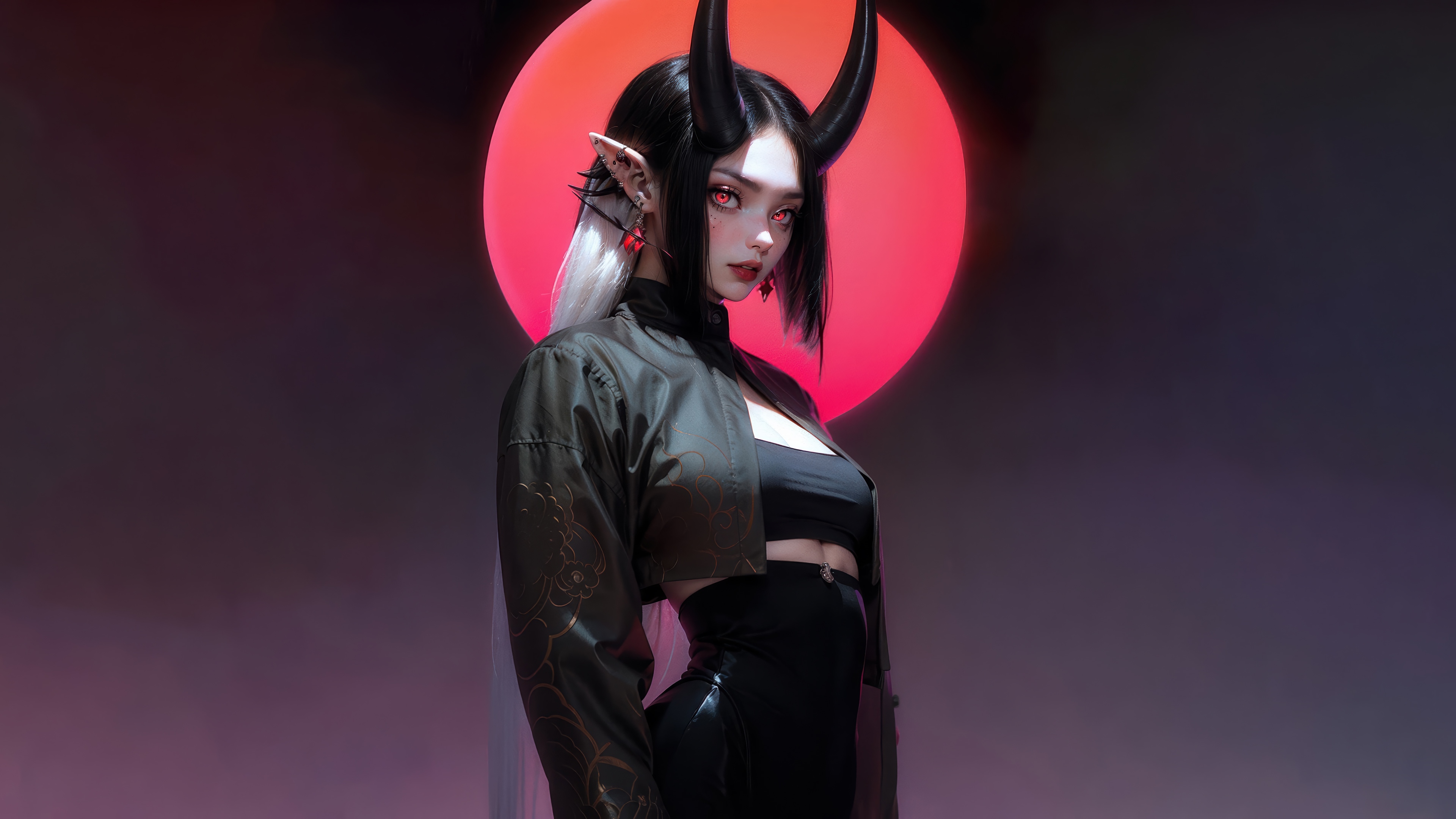 Demon Girl with Horns and Red Eyes 4K HD Wallpaper