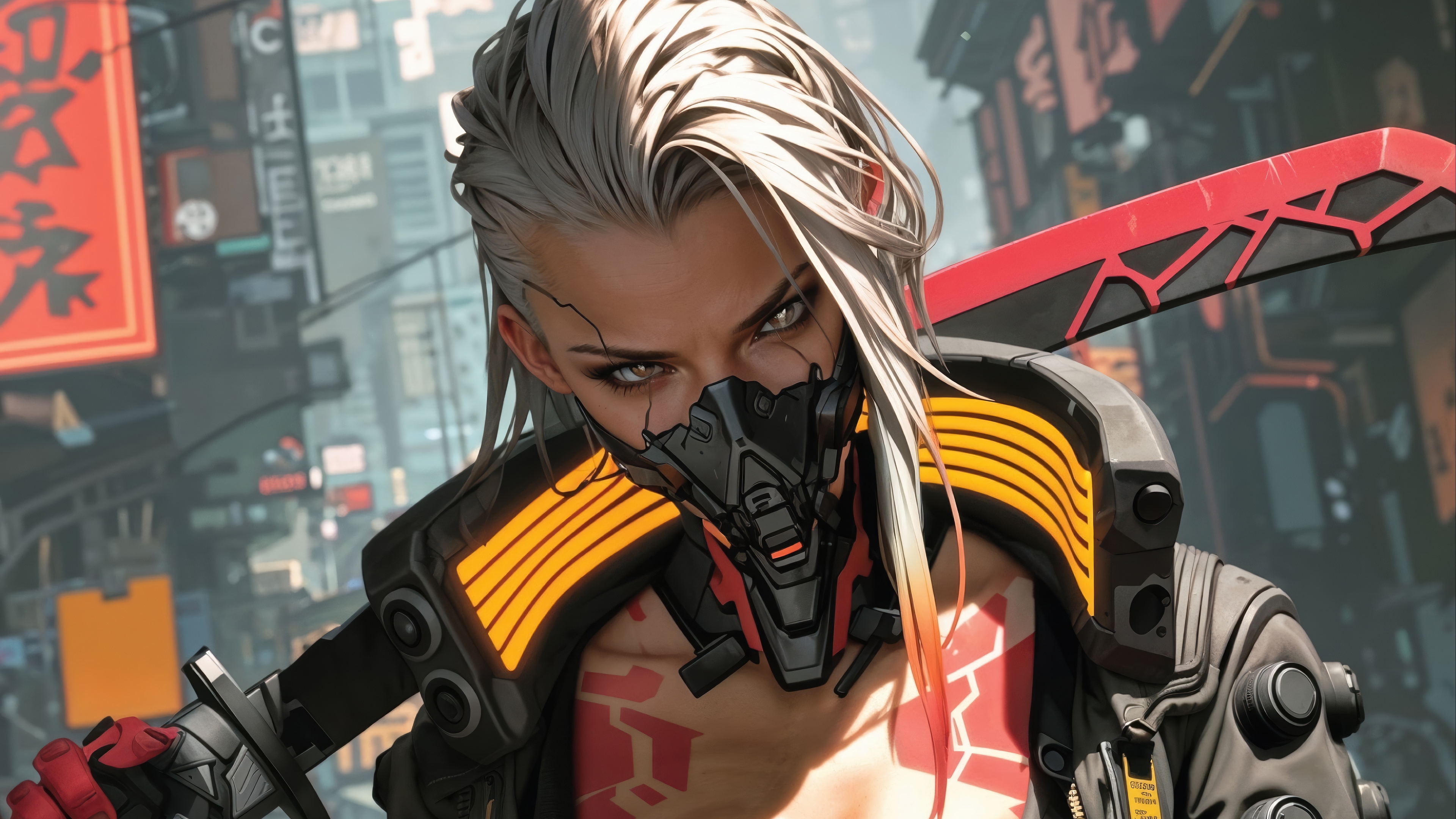 Cyberpunk Girl with Sword in Sci-Fi City 4K HD Wallpaper