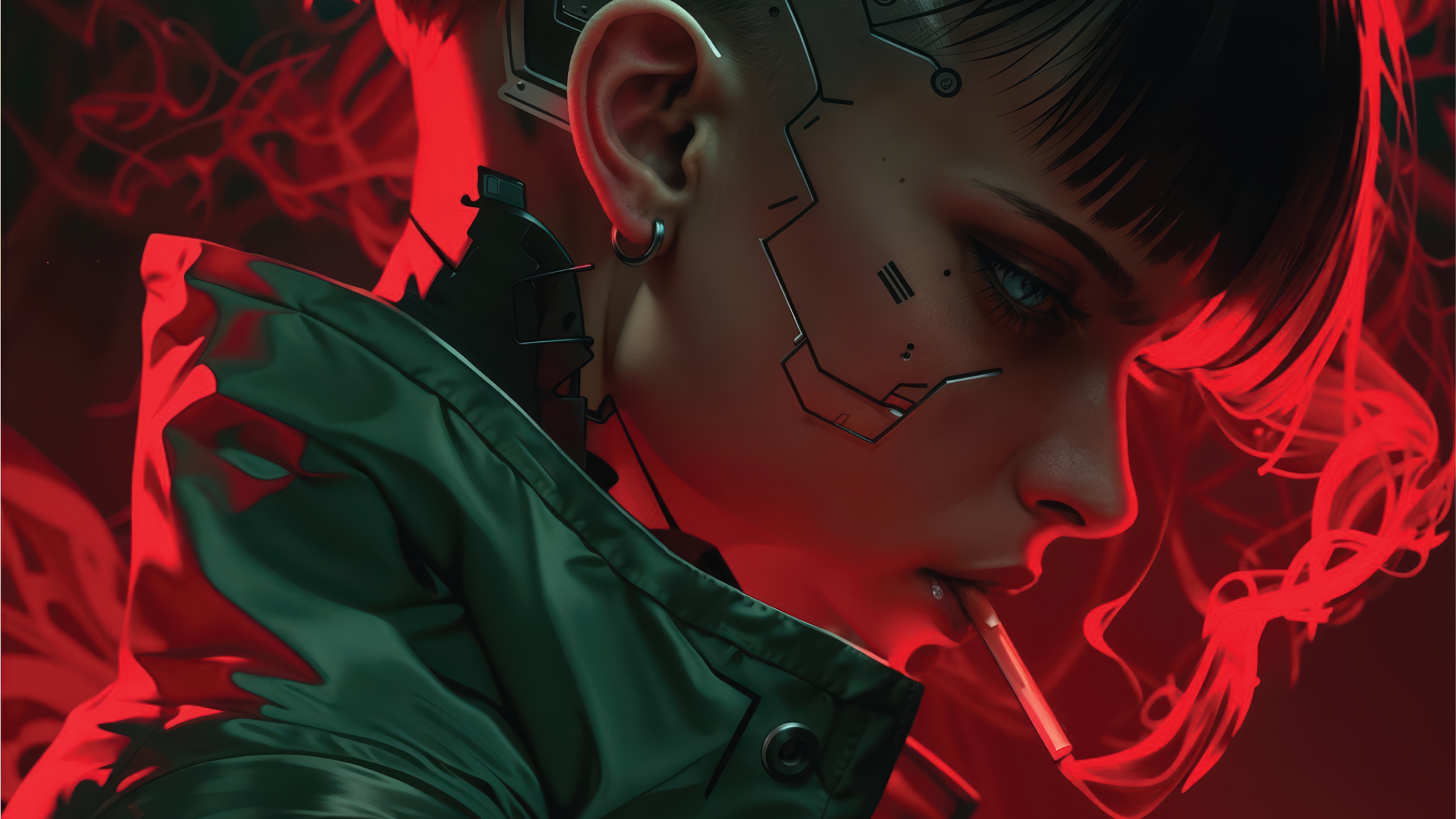 Cyberpunk Girl Smoking in Red Smoke 4K HD Wallpaper