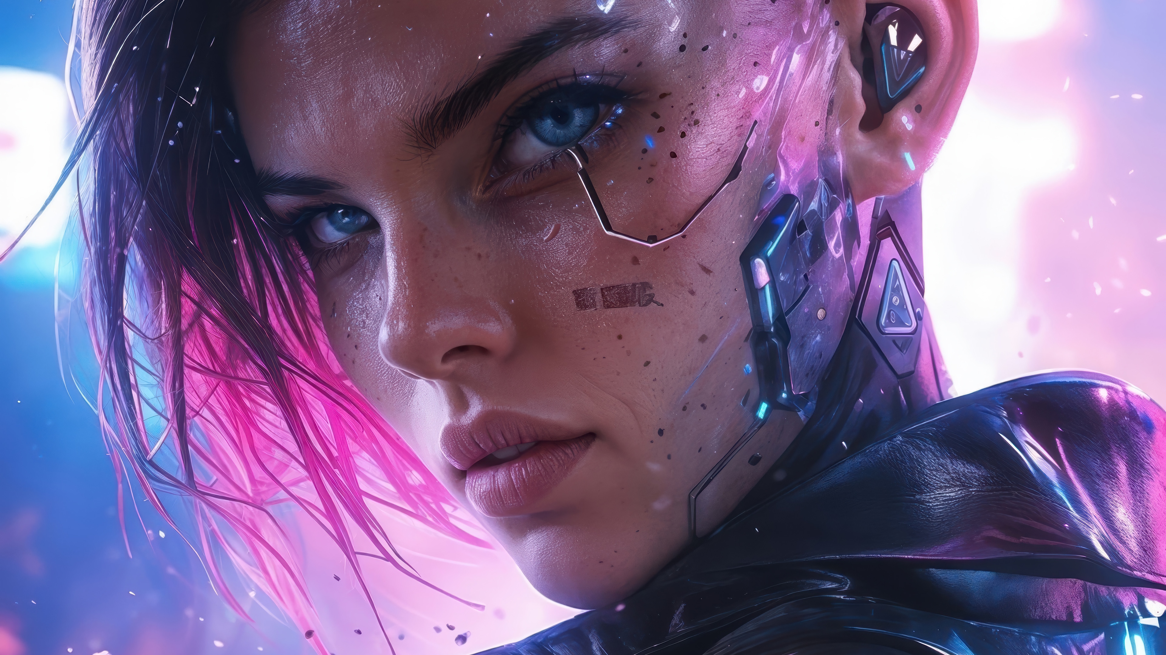 Cyberpunk Girl with Pink Hair and Cybernetic Implants 4K HD Wallpaper