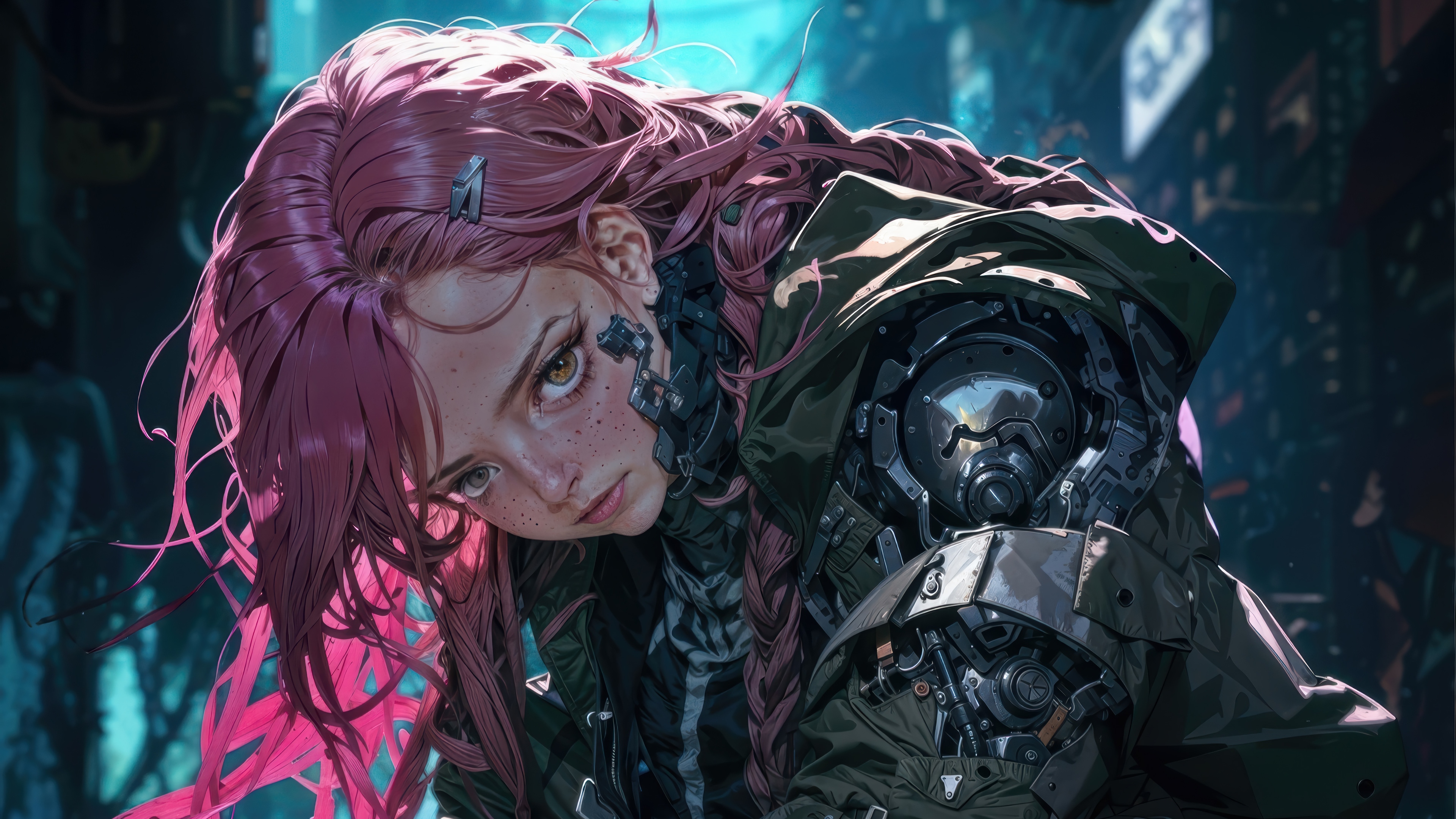 Cyberpunk Girl with Pink Hair and Mechanical Arm 4K HD Wallpaper