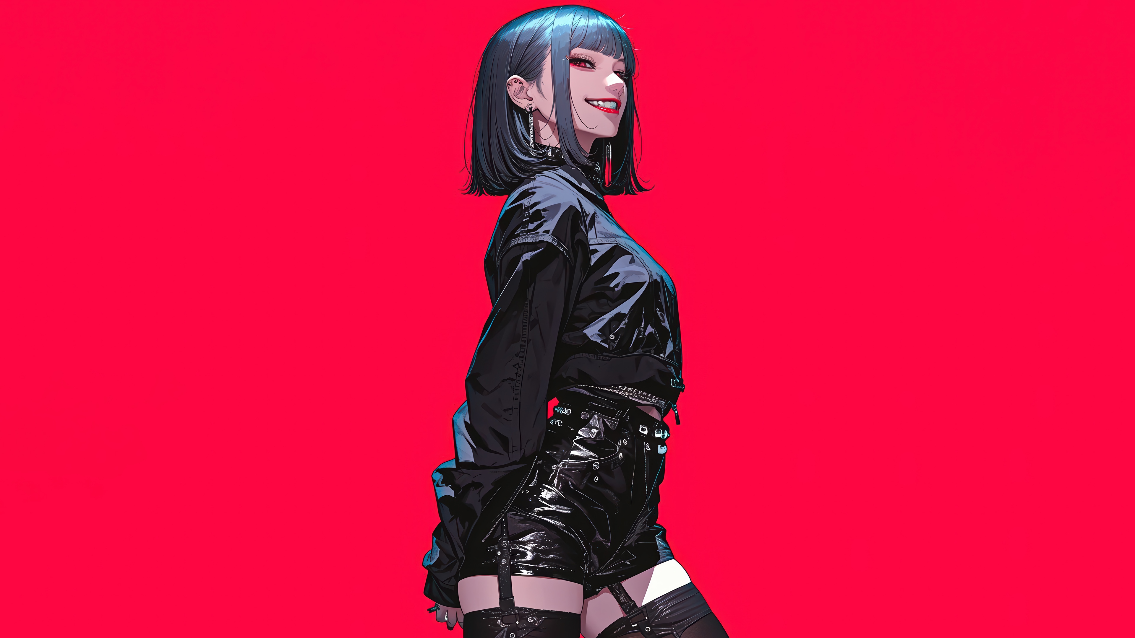 Anime Girl in Black Leather Outfit 4K HD Wallpaper