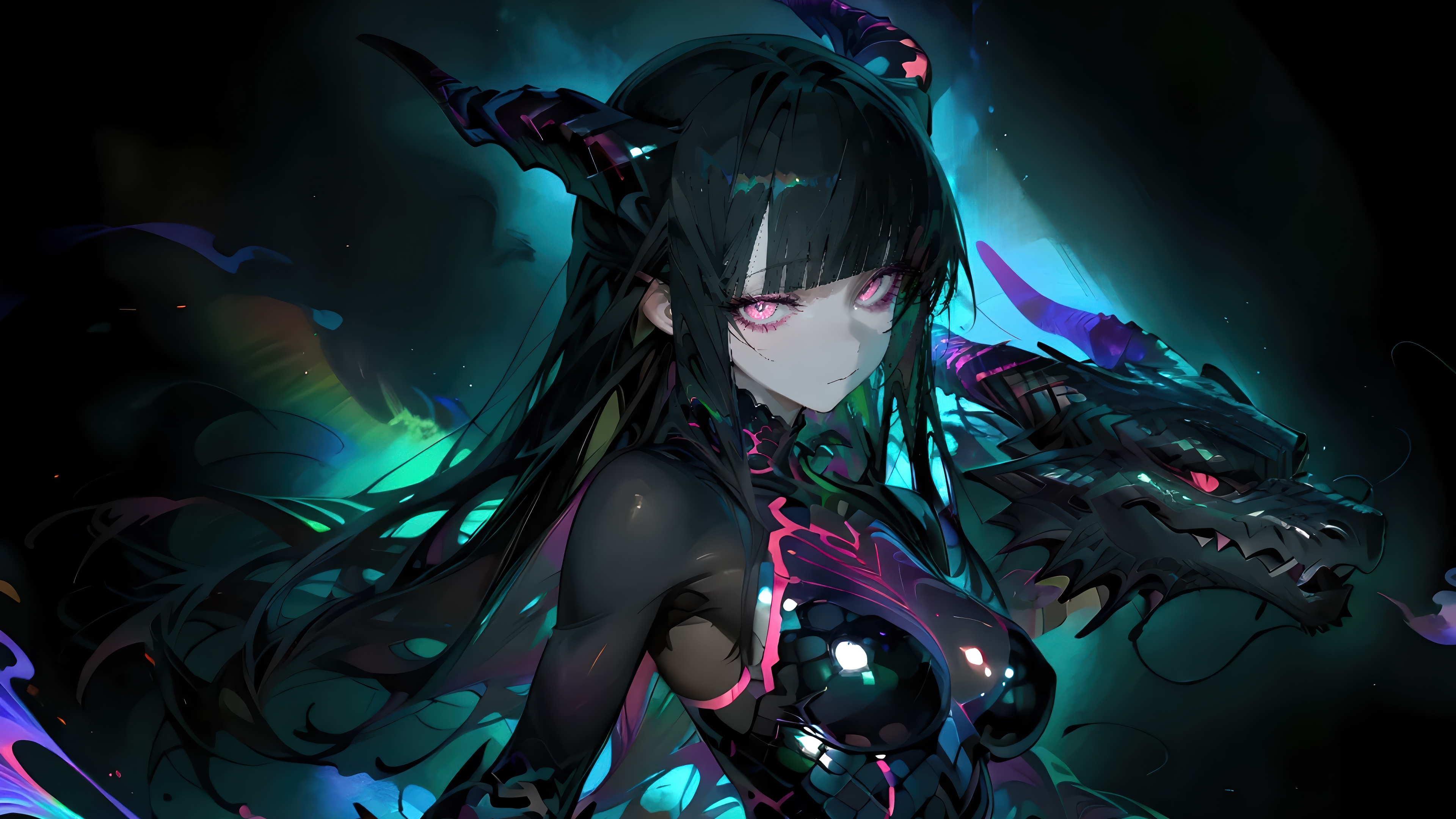 Anime Girl with Horns and Dragon 4K HD Wallpaper