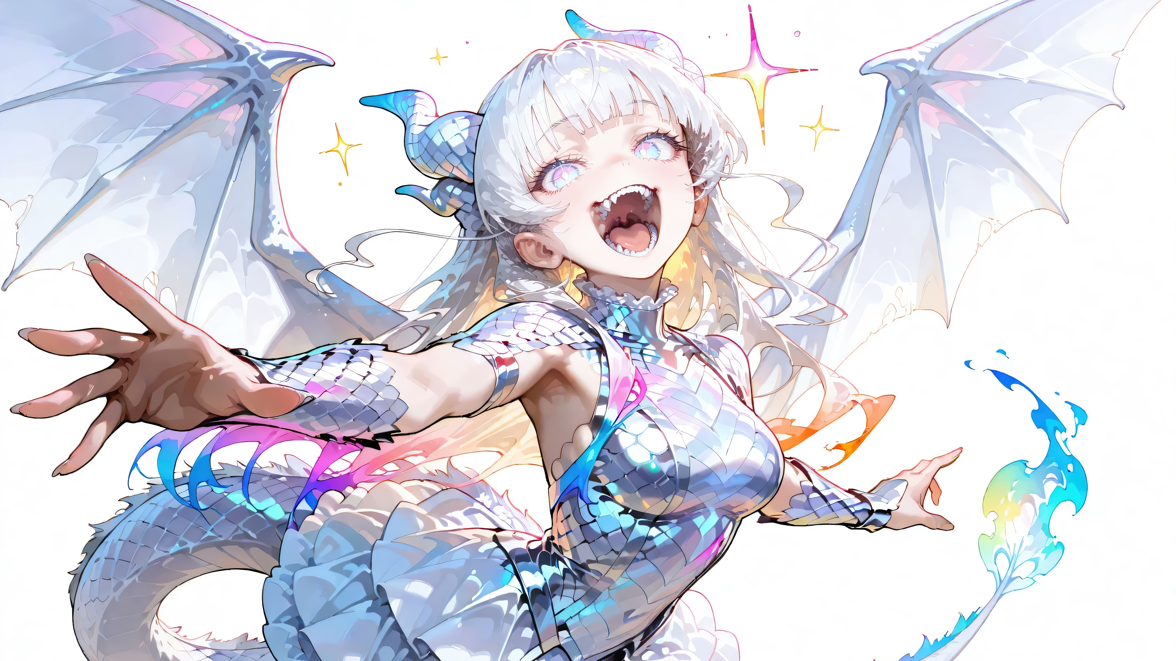 Anime Dragon Girl with White Hair and Wings 4K HD Wallpaper
