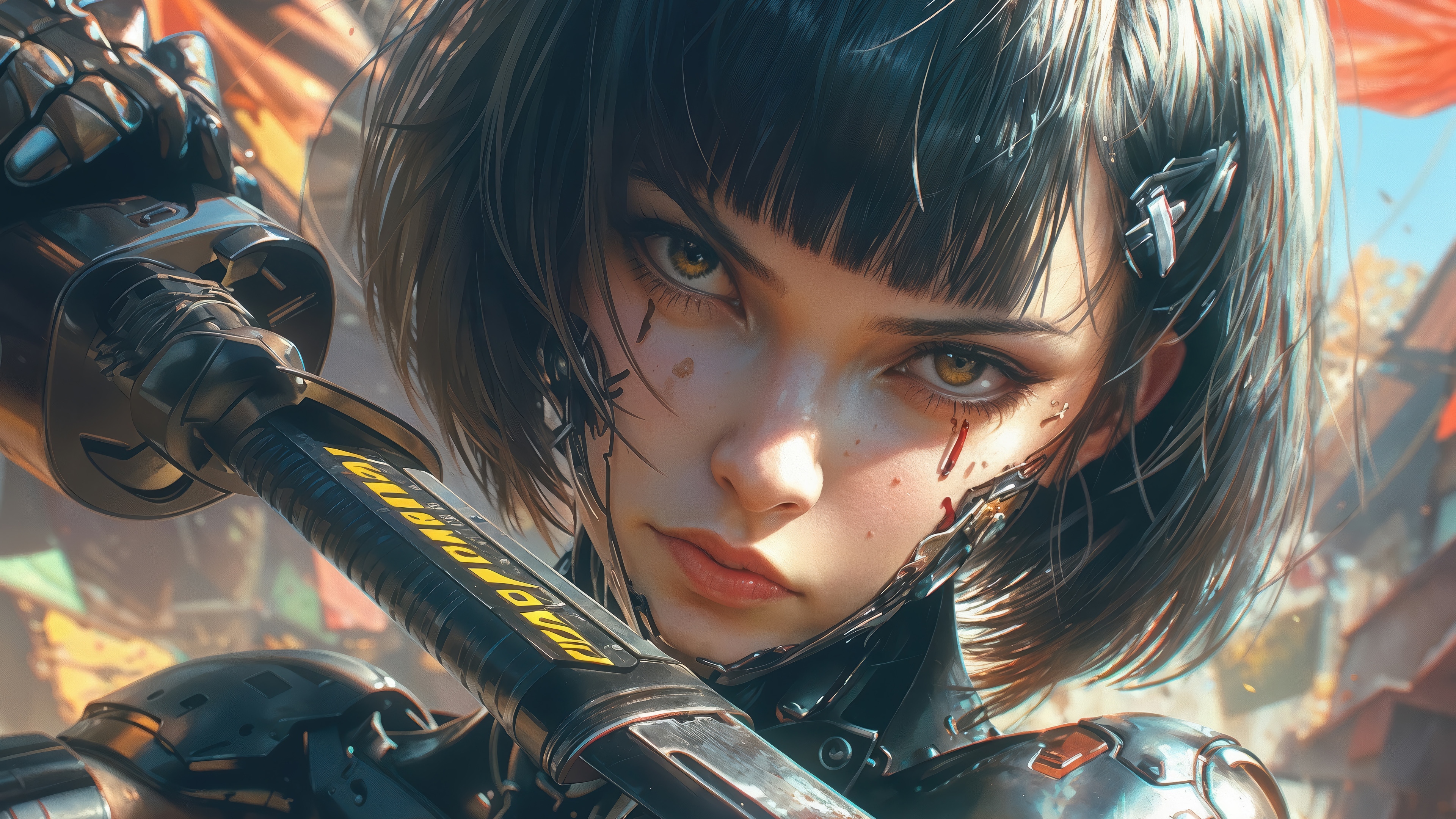 Cyberpunk girl with a katana in 4K HD Wallpaper